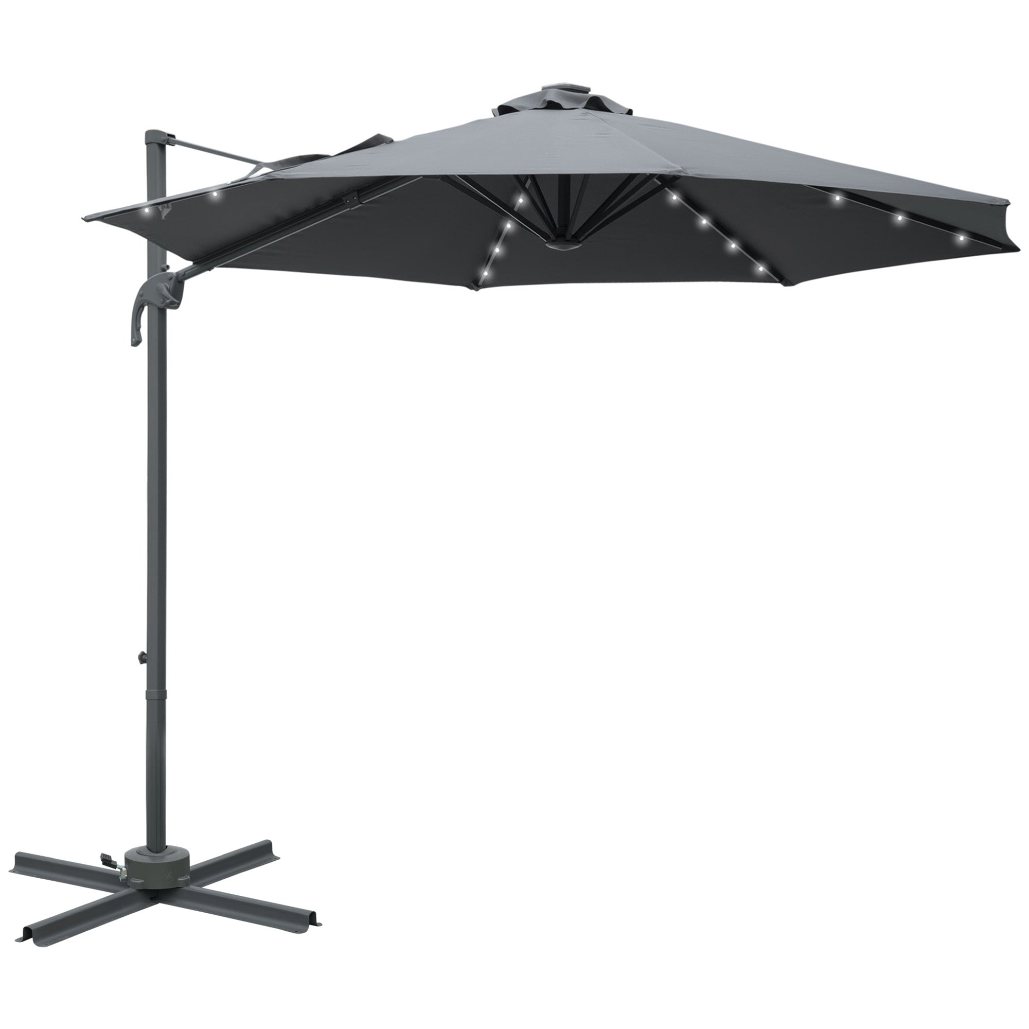 Outsunny 3(m) Cantilever Roma Parasol Patio Sun Umbrella with Crank & Tilt LED Solar Light Cross Base 360° Rotating Outdoor, Dark Grey - North Peak Garden Furniture