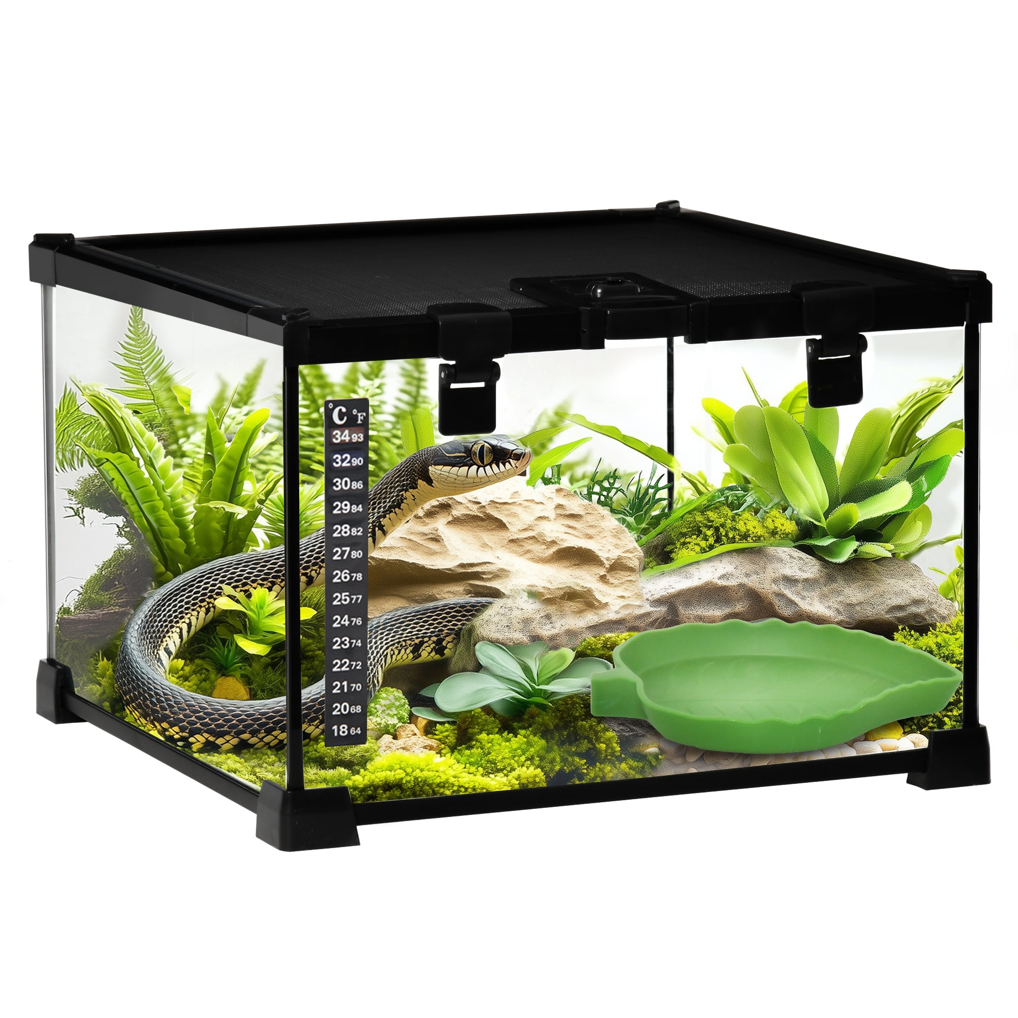 PawHut Glass Reptile Terrarium Insect Breeding Tank Vivarium Habitats with Thermometer for Lizards, Horned Frogs, Snakes, Spiders - Small 30 x 30 x 20cm - North Peak Garden Furniture