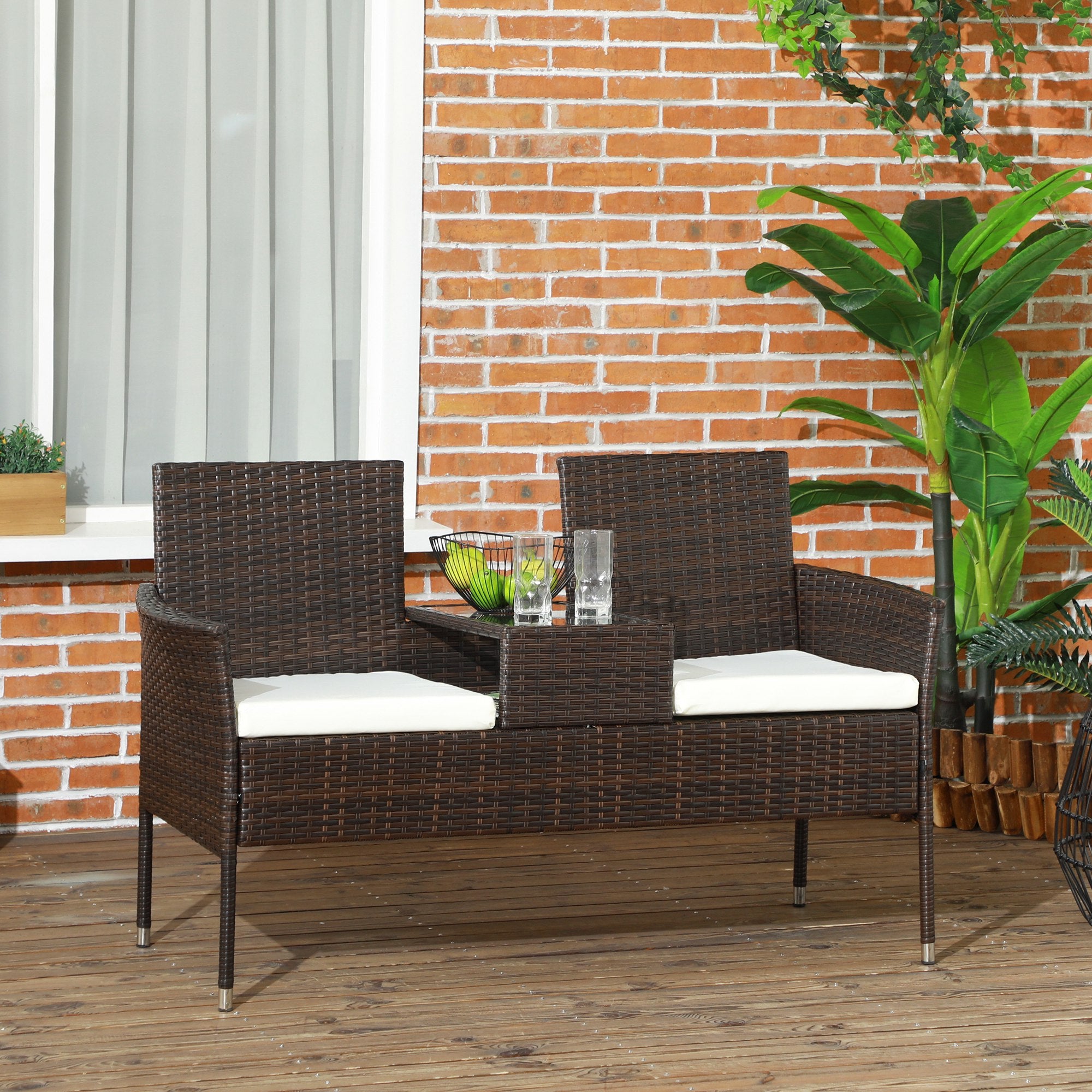 Outsunny Two-Seat Rattan Chair, with Middle Table - Brown - North Peak Garden Furniture