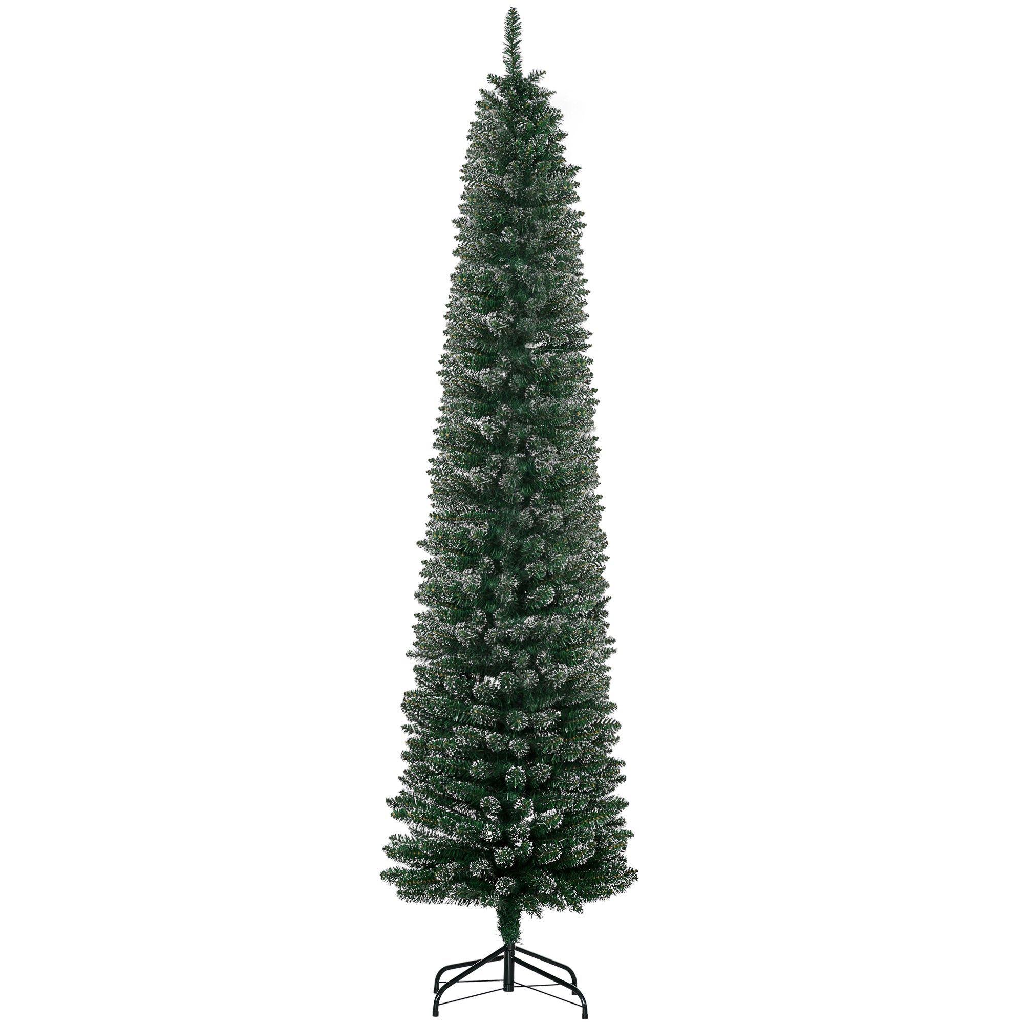 HOMCOM 7.5FT Artificial Snow Dipped Christmas Tree Xmas Pencil Tree Holiday Home Indoor Decoration with Foldable Black Stand, Green - North Peak Garden Furniture