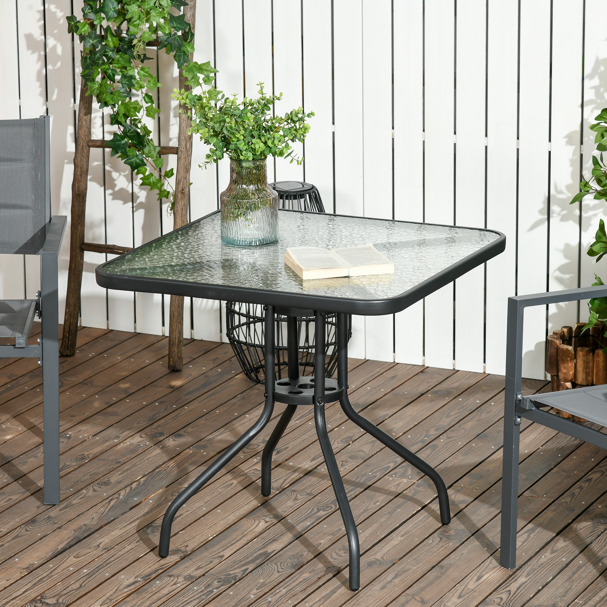 Outsunny Square Patio Table, Tempered Glass Top Bistro Table, Garden Dining Table, Outdoor Accent Coffee Table 76 x 76cm Steel Frame with Umbrella Hole - North Peak Garden Furniture