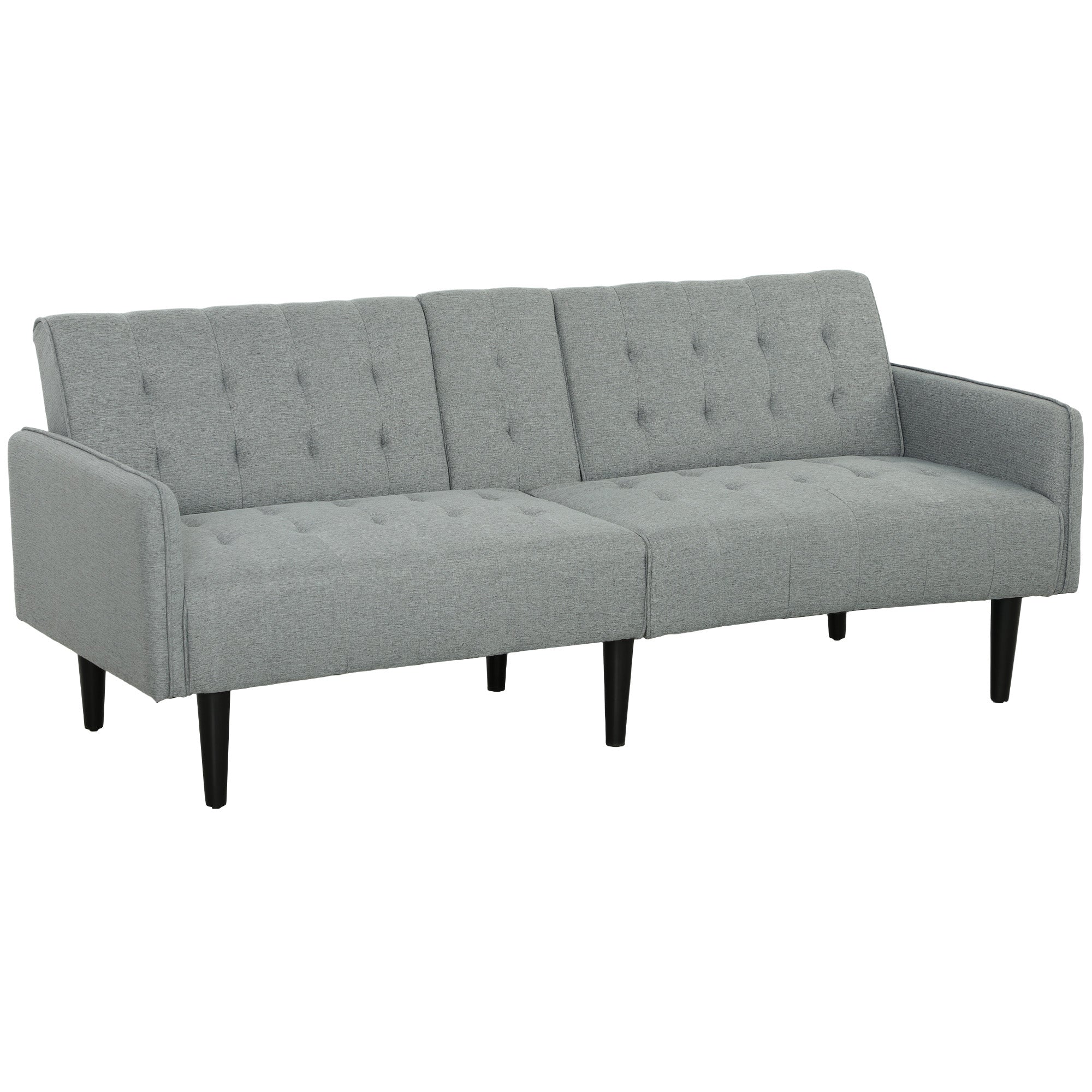HOMCOM Upholstered Click Clack Sofa Bed, Linen-Feel 3 Seater Sofa Bed with Storage and Cupholders, Light Grey - North Peak Garden Furniture