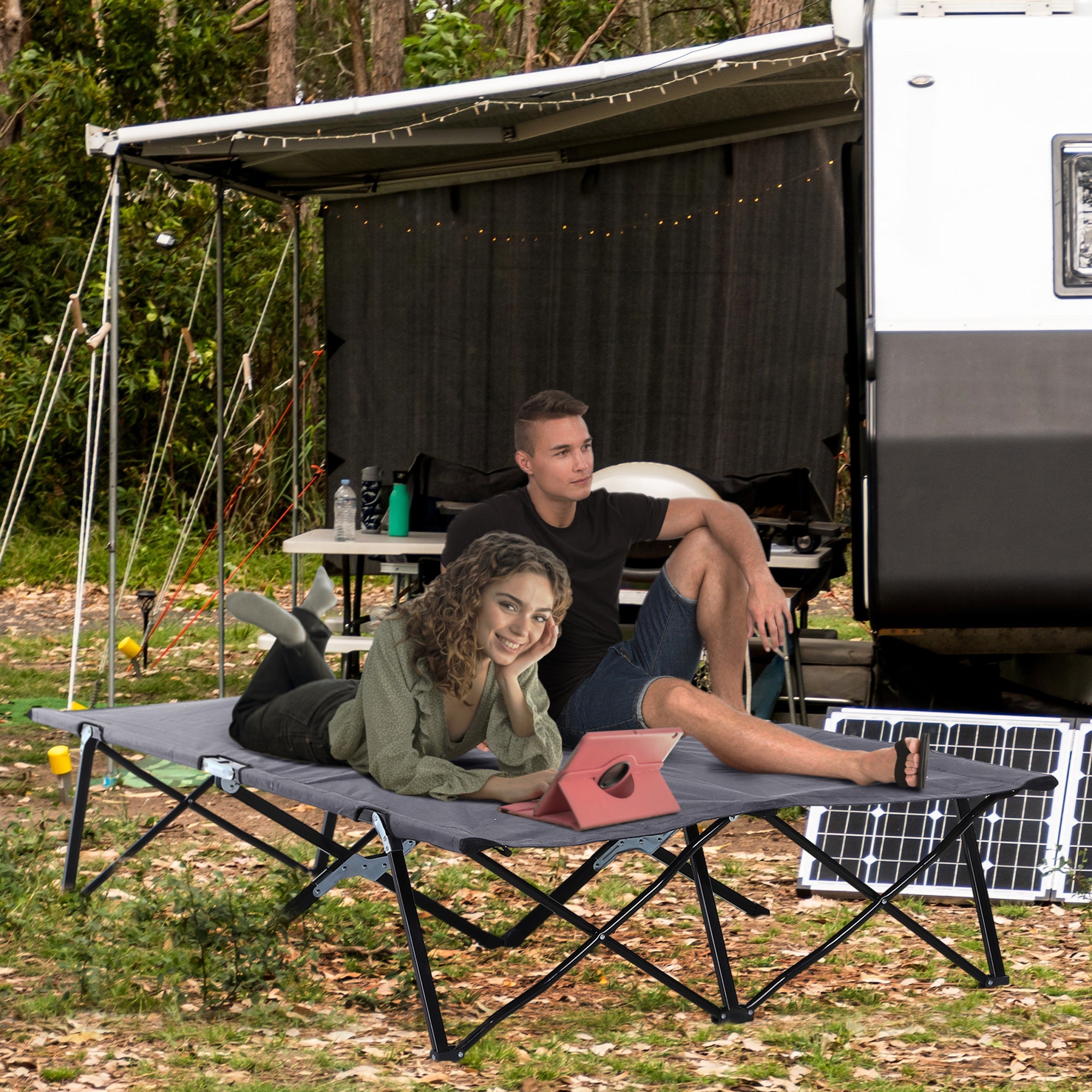 Outsunny Double Camping Cot Bed, with Bag - Grey - North Peak Garden Furniture