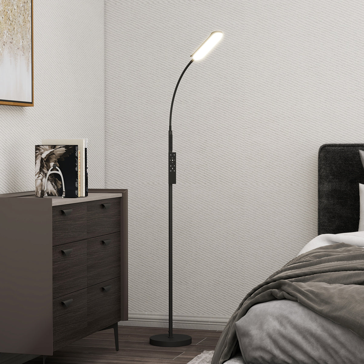 HOMCOM LED Floor Lamp, Standing Lamp with Remote & Touch Control, Stepless Dimmable Colours Temperature & Brightness, 360° Adjustable Gooseneck, 1 Hour Timer, Memory Function for Living Room, Black