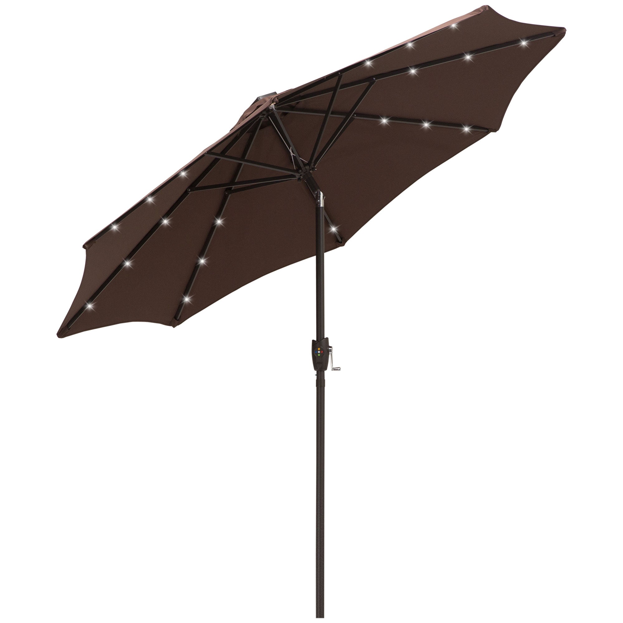 Outsunny Φ2.7m Garden 24 LED Light Parasol Solar Outdoor Tilt Sun Umbrella Patio Club Party Event Manual Sun Shade w/ Hand Crank and 8 Ribs, Brown - North Peak Garden Furniture