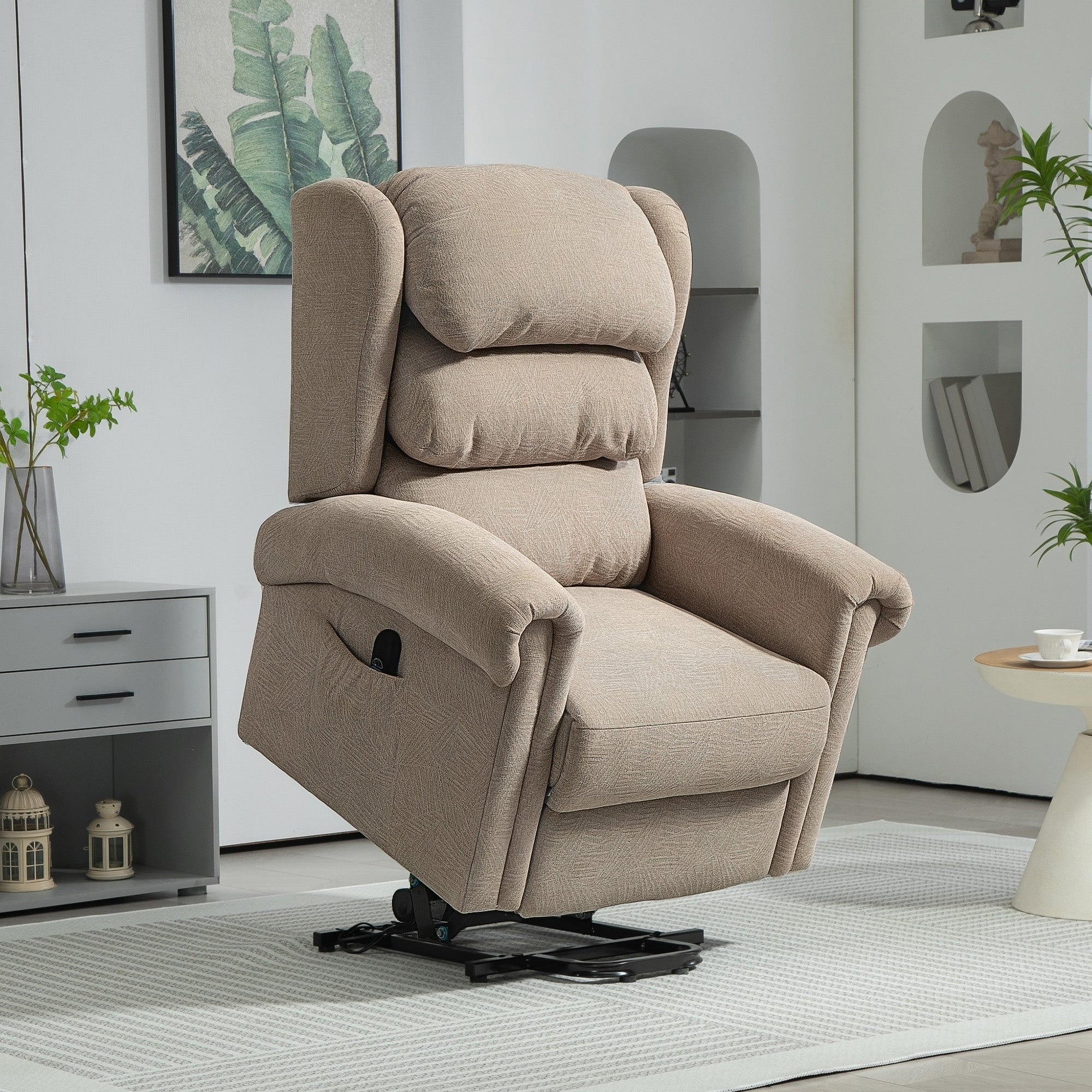 HOMCOM Power Lift Recliner Chair for Elderly, Velvet Electric Riser and Recliner Armchair for Living Room with Remote Control, 2 Side Pockets, Thick Padded Back, Khaki - North Peak Garden Furniture