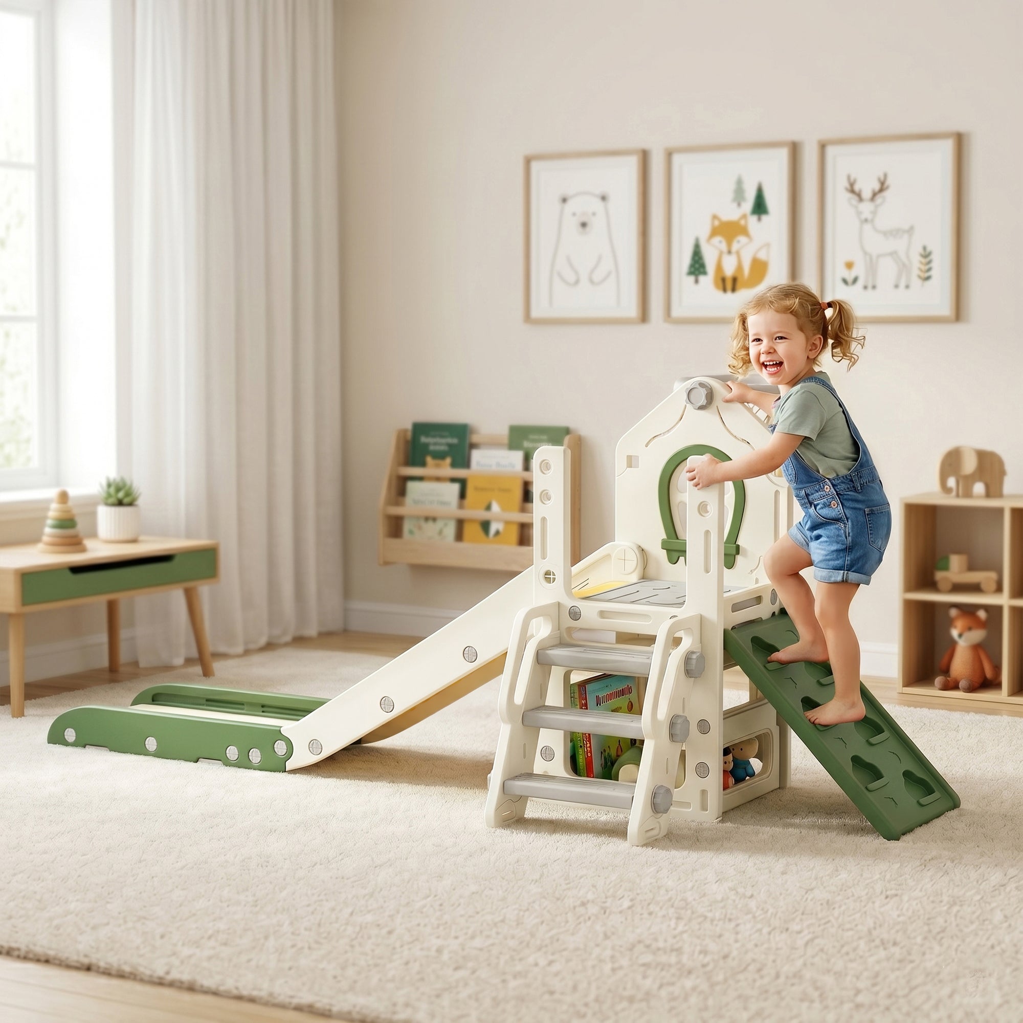 AIYAPLAY Foldable 5 in 1 Toddler Slide with Ladder, Climbing Wall, Basketball Hoop, Storage and Basketball for 1-3 Years, Cream