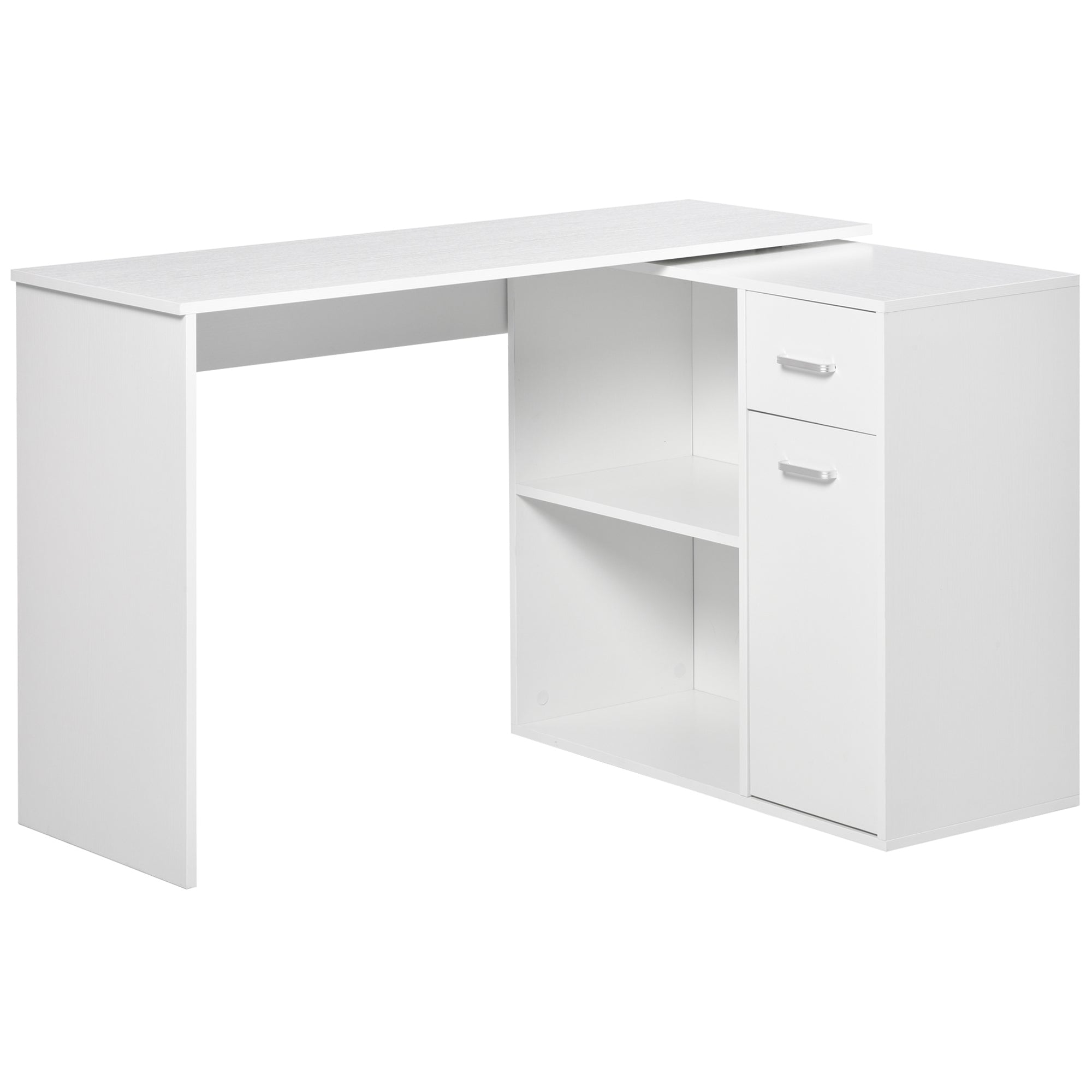 HOMCOM L-Shaped Desk, Corner Computer Desk, Adjustable Study Table with Storage Shelf, Drawer and Cabinet, Workstation for Home Office, White Wood Grain - North Peak Garden Furniture