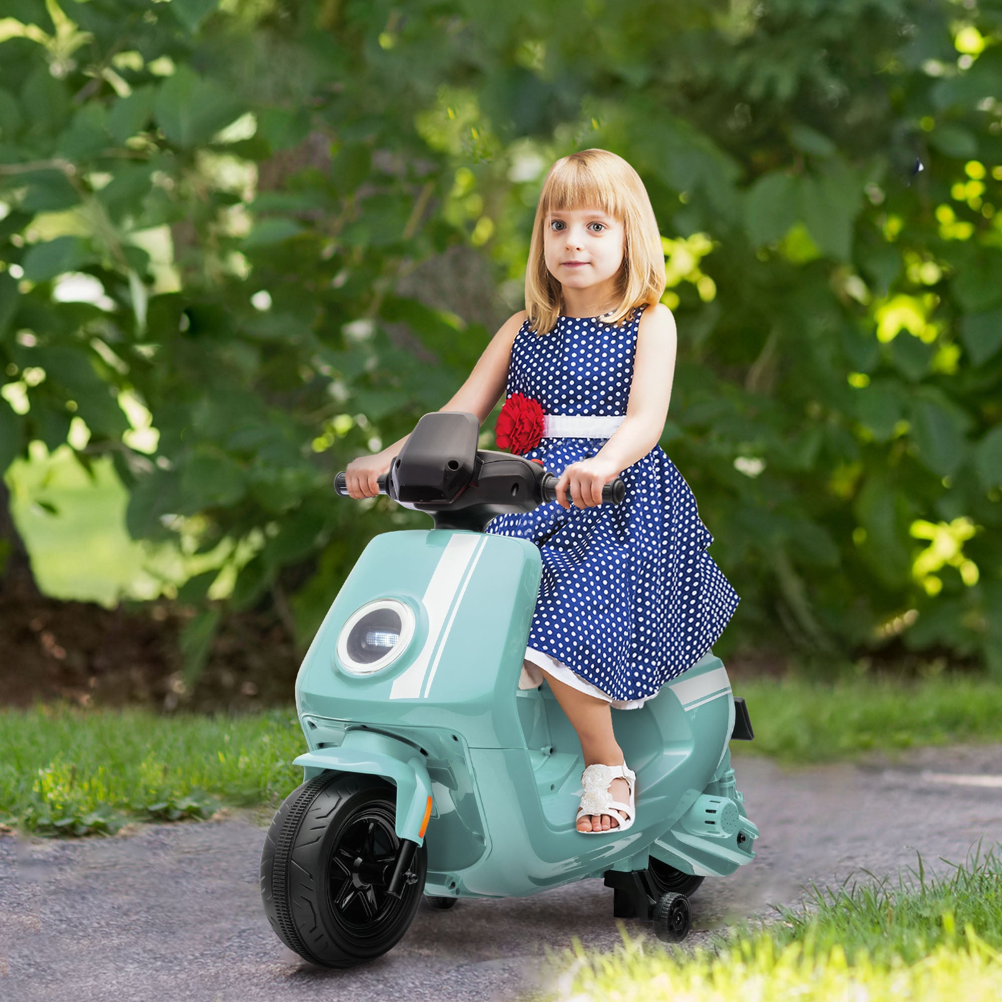 AIYAPLAY 6V Ride on Motorbike Kids Electric Motorbike w/ Headlight Music, Training Wheels, for Ages 18-36 Months - Green - North Peak Garden Furniture