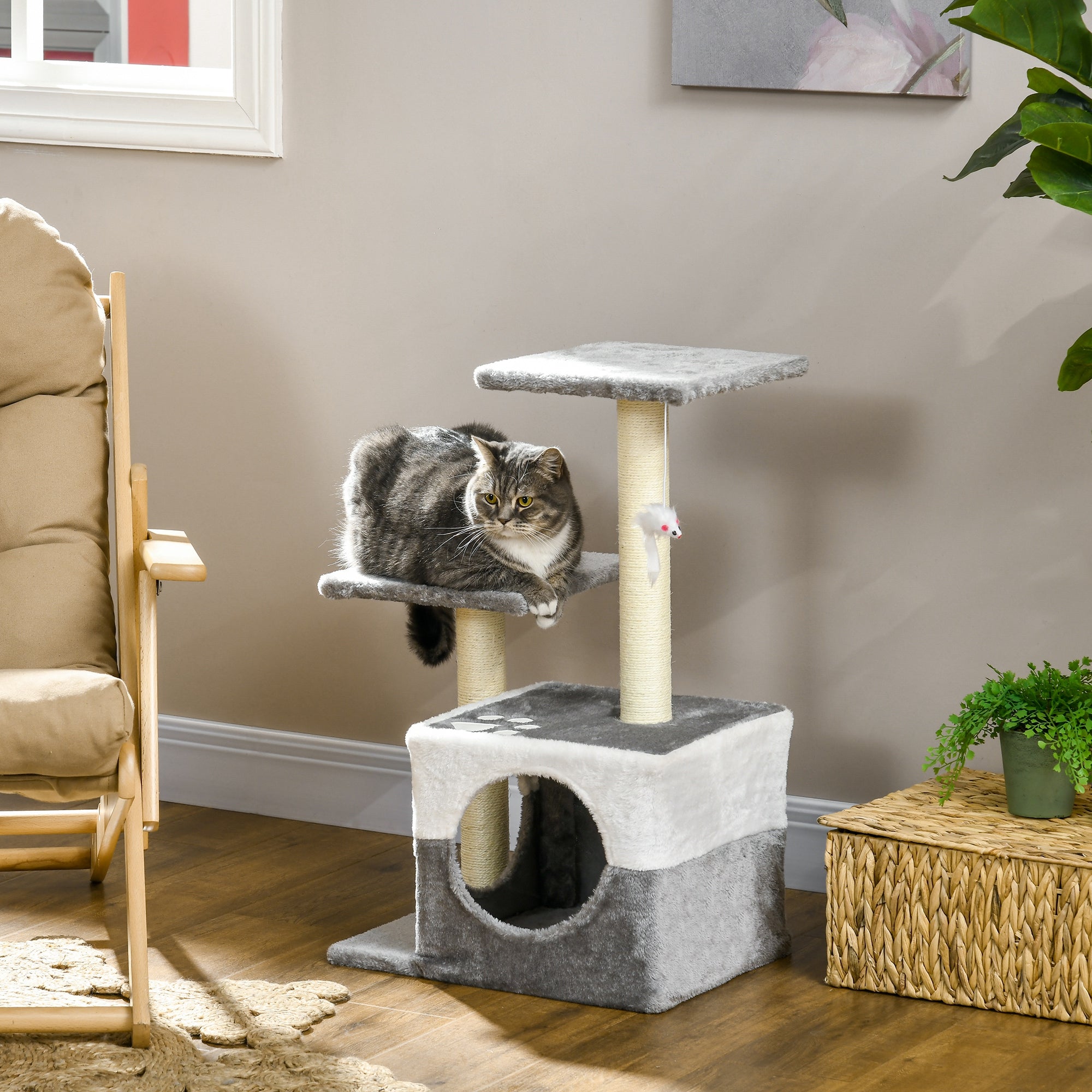 PawHut Cat Tree w/ Sisal Scratching Posts, House, Perches, Toy Mouse, Grey - North Peak Garden Furniture