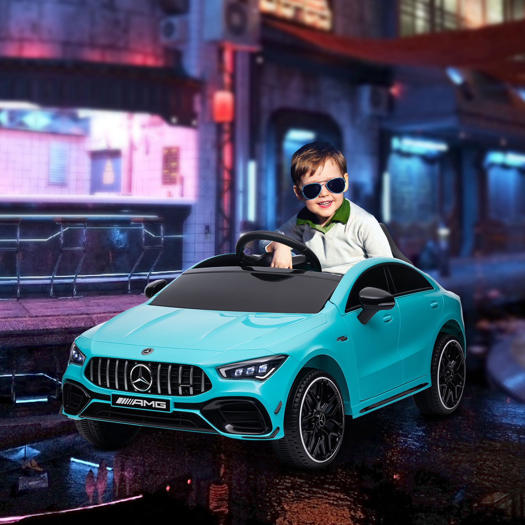 AIYAPLAY Mercedes-AMG CLA 45 Licensed 12V Kids Electric Car Ride on Car w/ Remote, Suspension Lights Music Horn - Light Blue - North Peak Garden Furniture