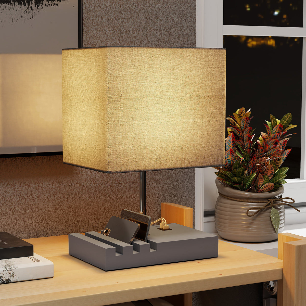 HOMCOM Bedside Lamp with USB A+C Charging Ports and 3 Phone Stands, Modern Table Lamp with Solid Wood Base and Fabric Shade for Bedroom Living Room Office, E27 Socket, Bulb Not Included, Grey