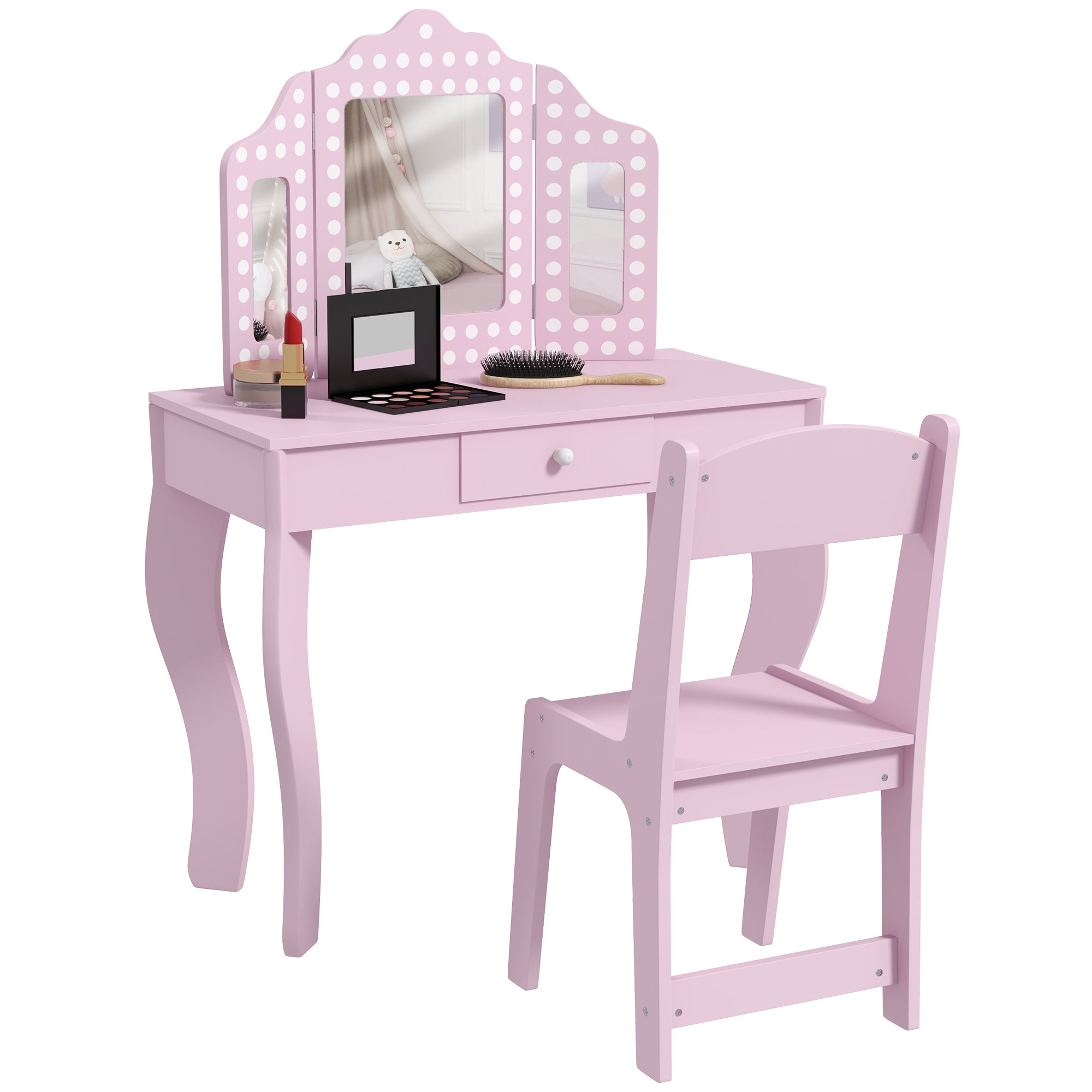 AIYAPLAY Kids Dressing Table Sets with Stool and Tri-Fold Mirror, Drawer for Playroom, Bedroom - Pink - North Peak Garden Furniture