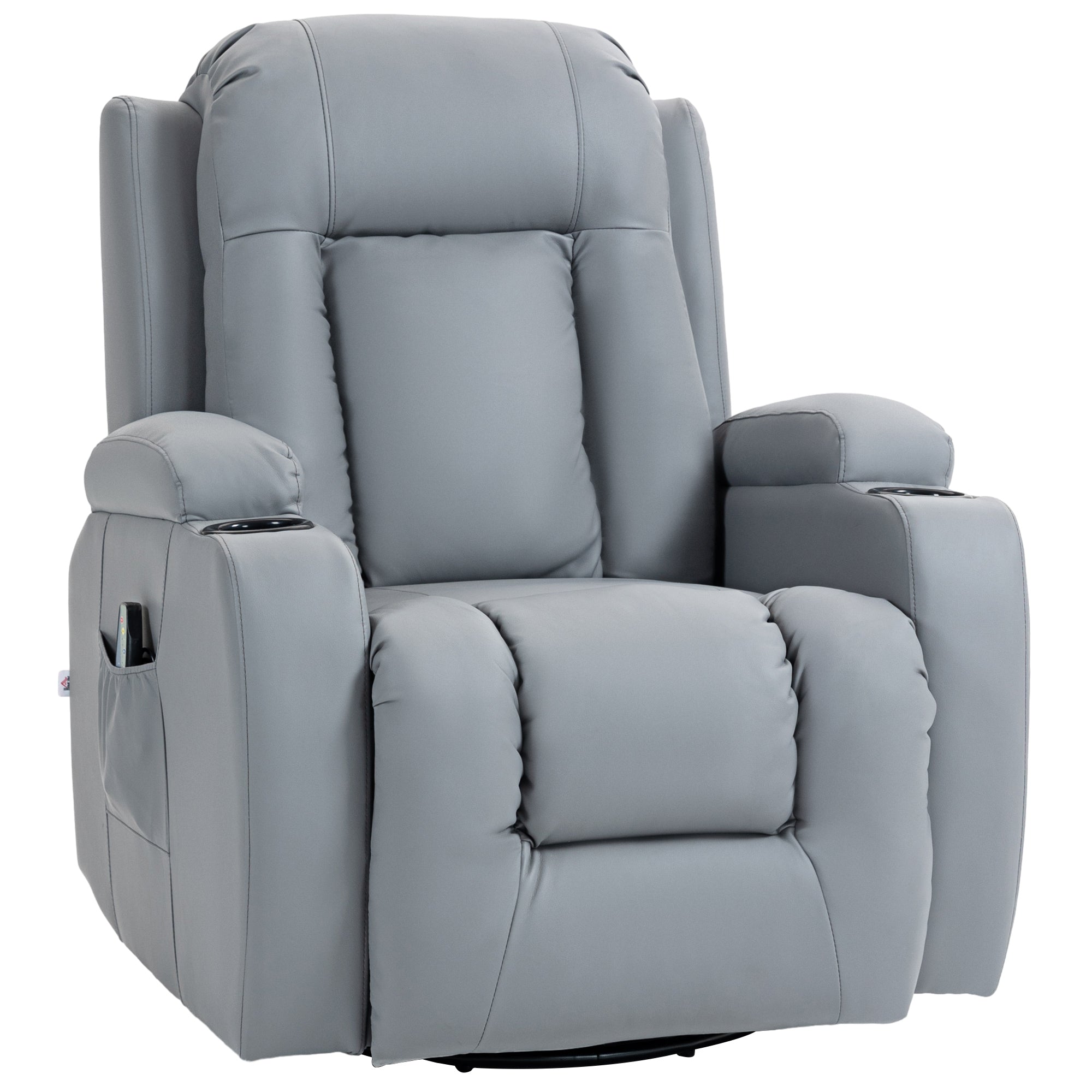 HOMCOM Massage Recliner Chair with 8 Vibration & Heat, PU Leather Recliner Armchair with Cup Holders and Side Pockets, Manual Reclining Chair with Remote, 360° Swivel, Rocking, Light Grey - North Peak Garden Furniture