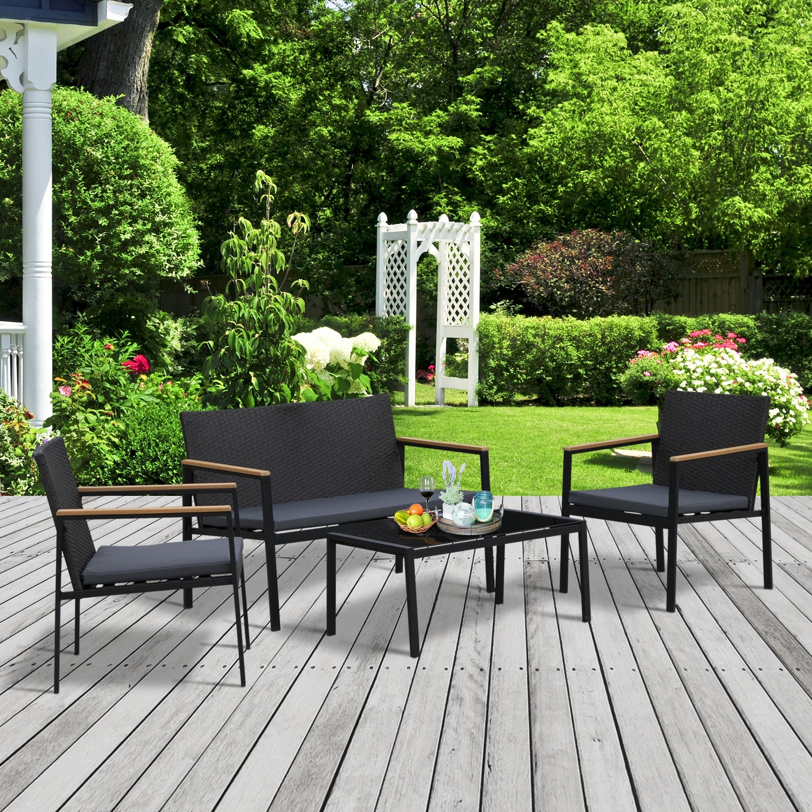 Outsunny 4PC Rattan Garden Furniture Set 2 Single Sofa Arm Chairs 1 Bench Loveseat with Cushions & Coffee Table Patio Backyard Wicker Weave - North Peak Garden Furniture