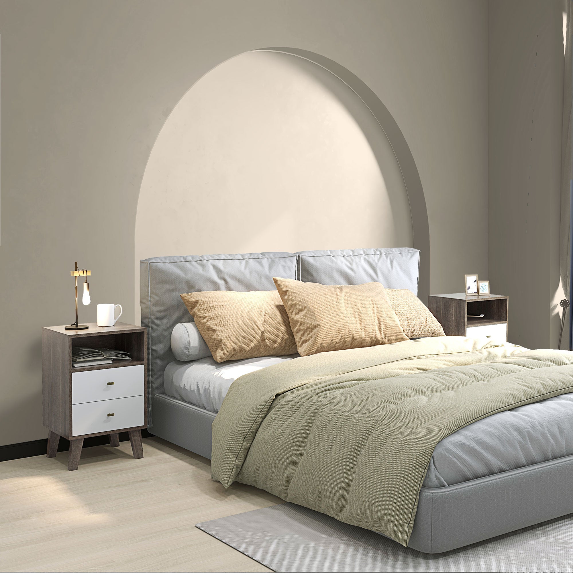 HOMCOM Industrial-Scandinavian Mix Bedside Table, with Drawers and Shelf - North Peak Garden Furniture