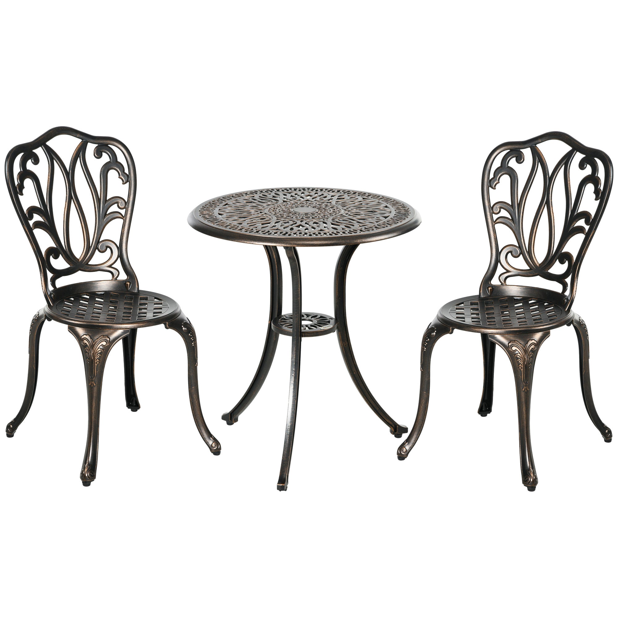 Outsunny 3 Piece Garden Bistro Set Aluminium Outdoor Furniture Set for 2 Patio Chairs and Table with Umbrella Hole Bronze Tone - North Peak Garden Furniture