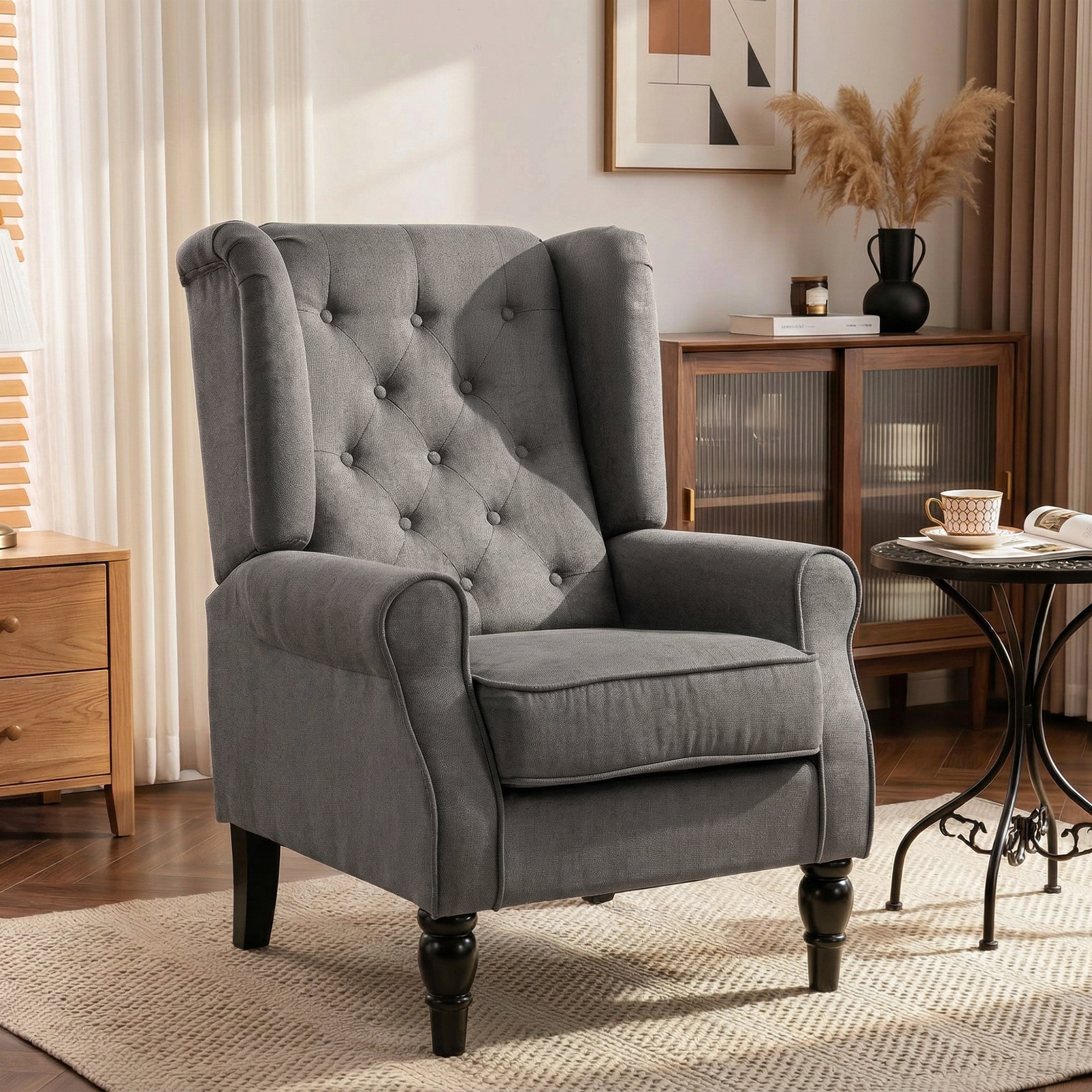 HOMCOM Retro Accent Chair, Wingback Armchair with Wood Frame Button Tufted Design for Living Room Bedroom, Dark Grey