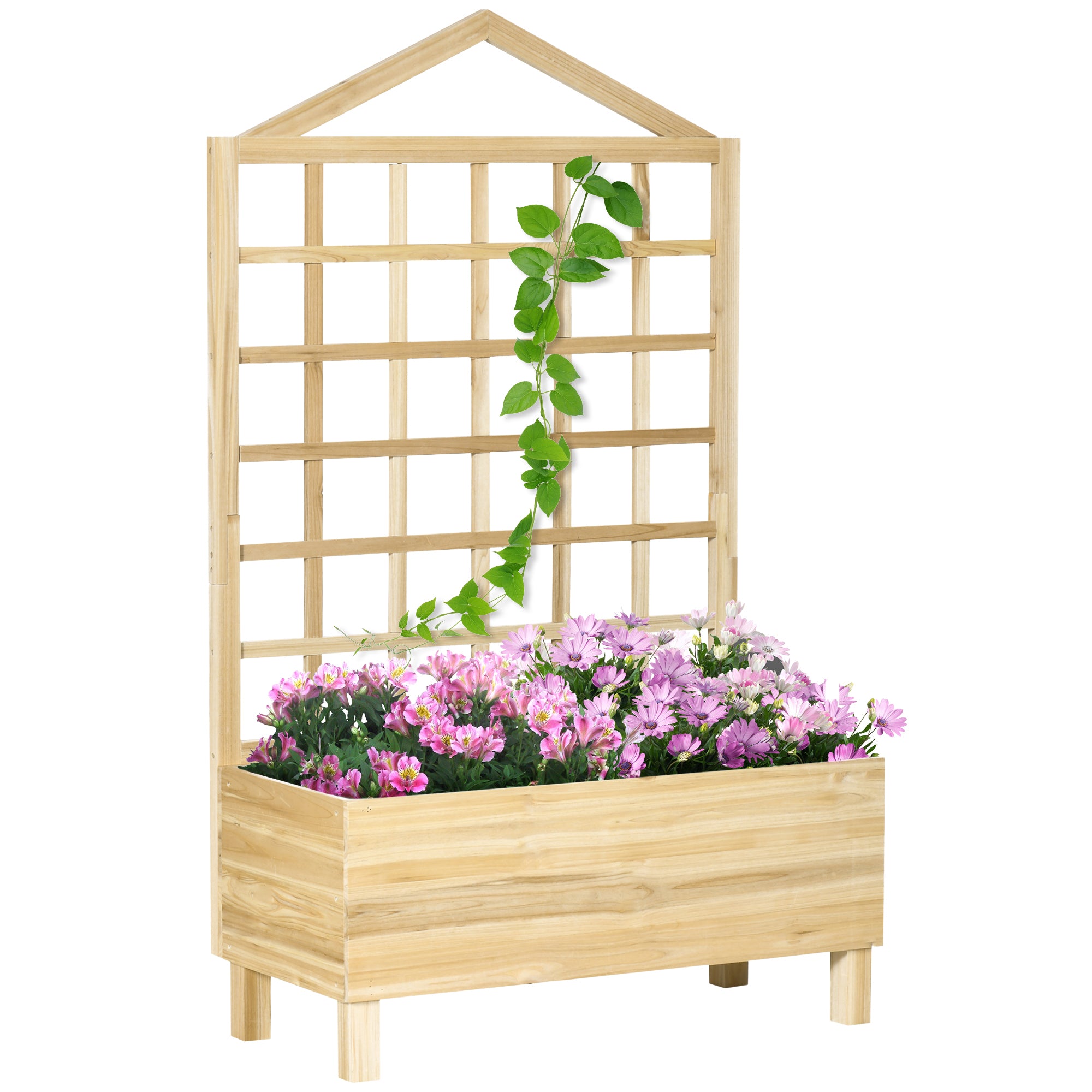 Outsunny Garden Planters with Trellis for Vine Climbing, Distressed Wooden Raised Beds, 90x43x150cm, Natural Tone - North Peak Garden Furniture