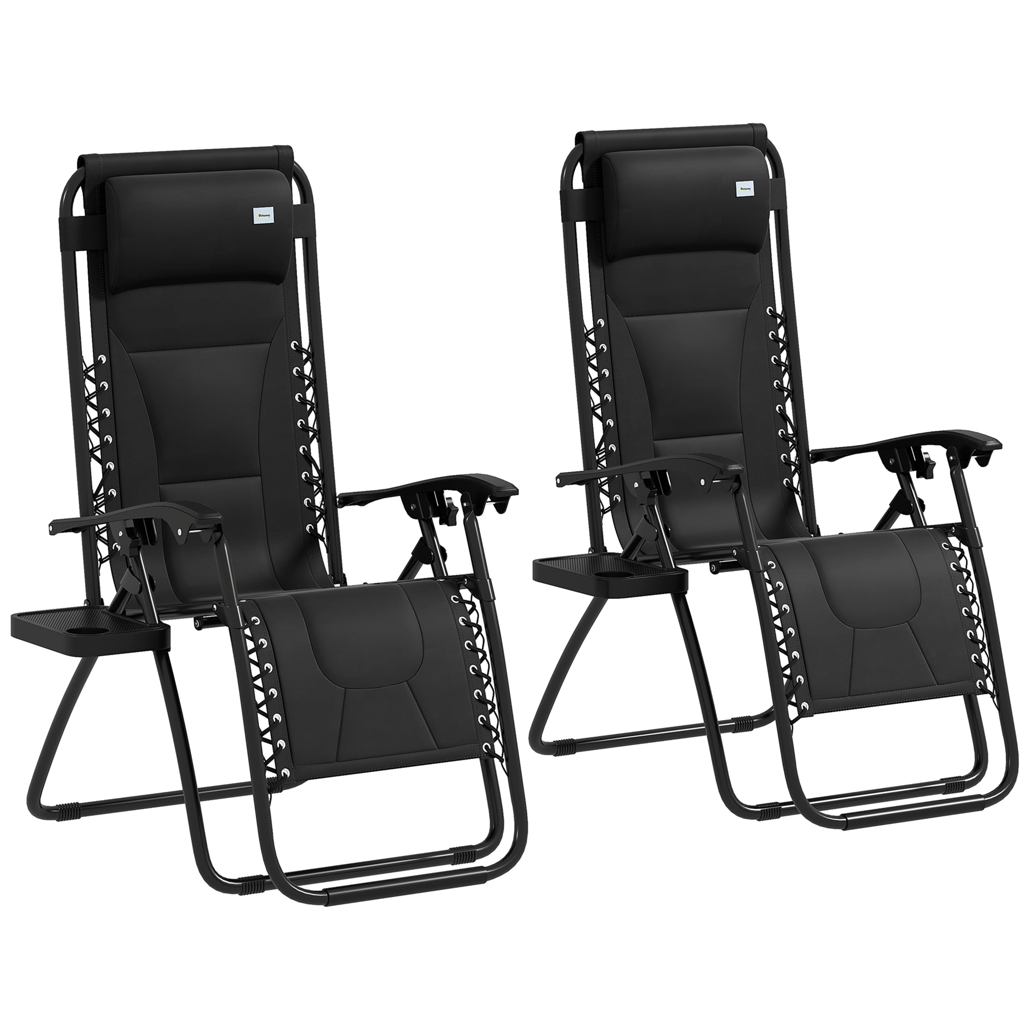 Outsunny Zero Gravity Lounger Chair Set of 2, Folding Reclining Patio Chair with Padded Seat, Cup Holder, Soft Cushion and Headrest for Poolside, Camping, Black - North Peak Garden Furniture