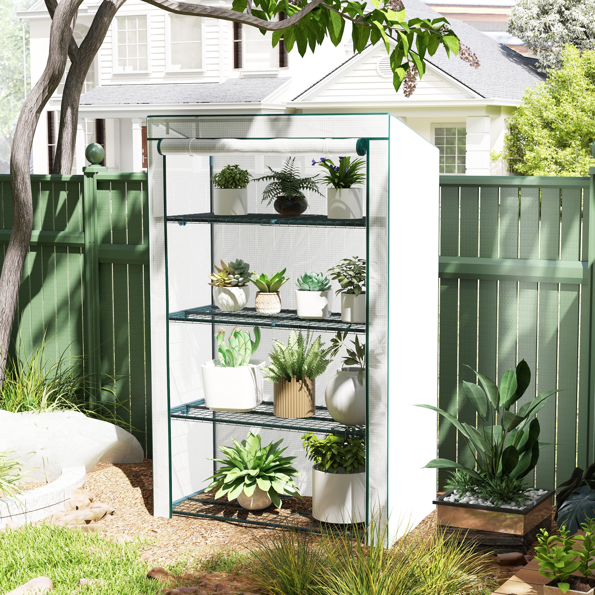 Outsunny 4 Tier Lean-to Mini Greenhouse with Reinforced PE Cover, Portable Small Greenhouse with Roll-Up Door, Green Hemmed Edging, 110 x 50 x 171cm, Green - North Peak Garden Furniture
