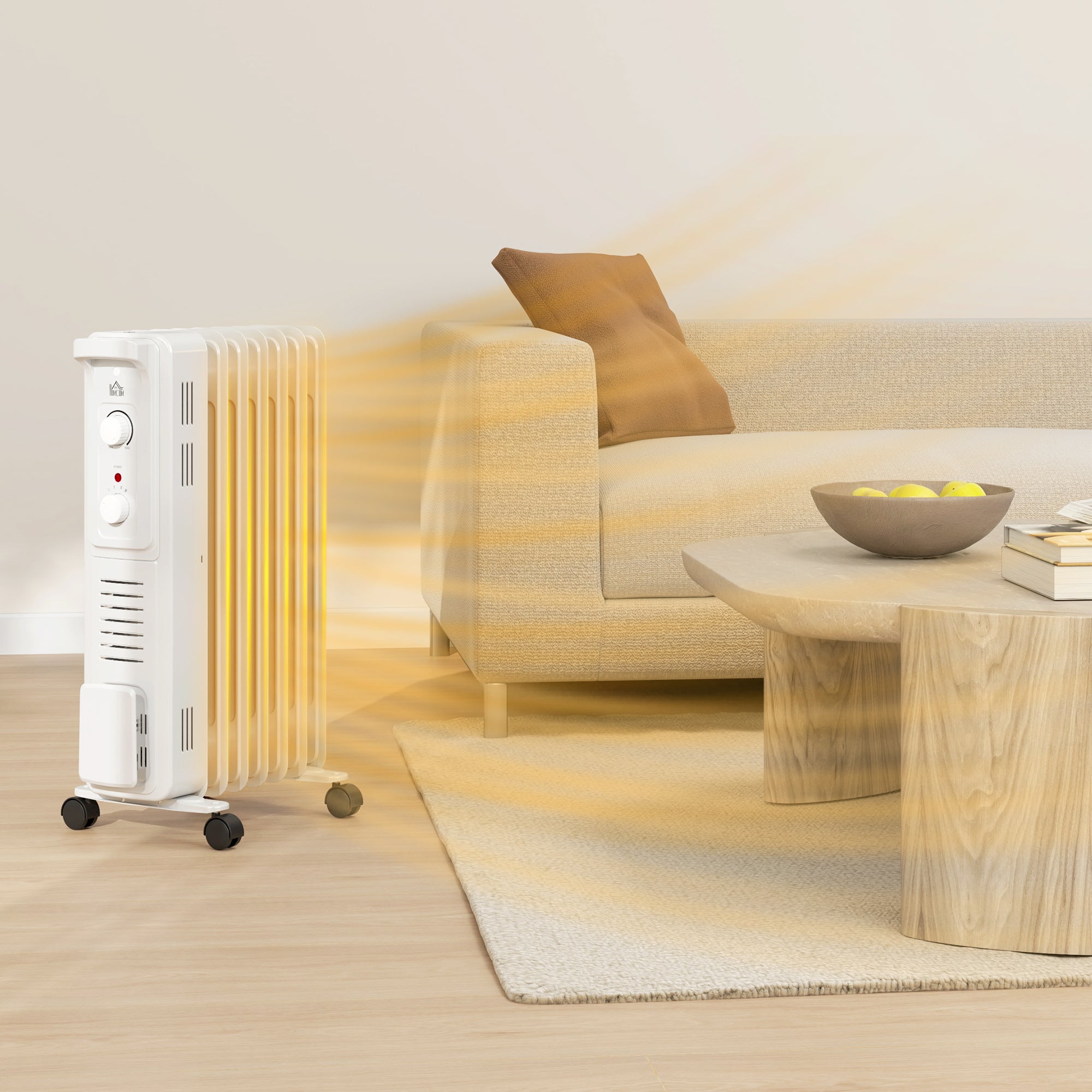 HOMCOM 1500W Quiet Oil Filled Radiator, 7 Fin Energy Efficient Portable Electric Heater with 3 Heat Settings, Adjustable Thermostat, Safety Tip Over, Overheat Protection, for Home, White - North Peak Garden Furniture