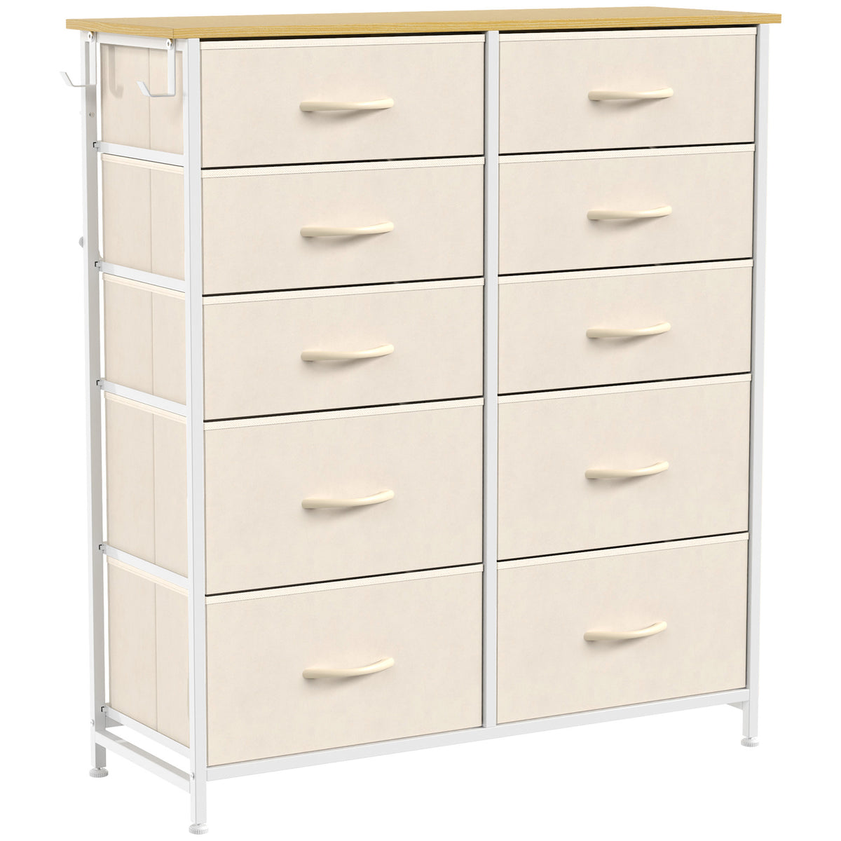 HOMCOM Chest of Drawers, Dresser with 10 Fabric Drawers, Tall Storage Unit with 4 Pockets and 2 Hooks Steel Frame, Beige