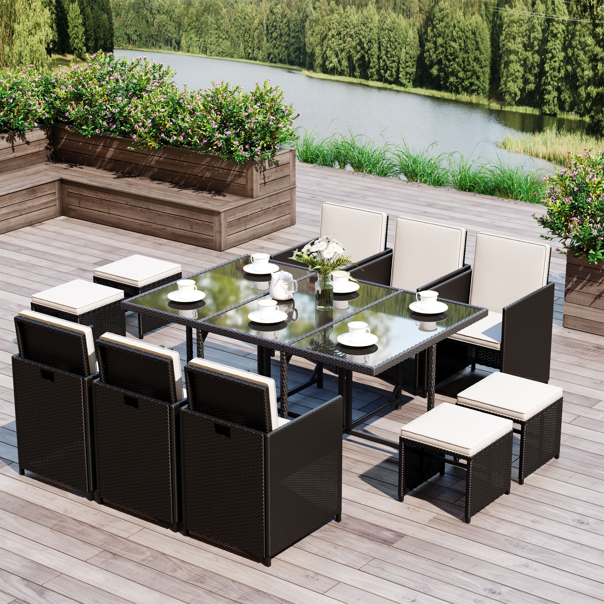 Outsunny Rattan Dining Set Garden Furniture Patio set 11 PC with Cushion Black /Milk White - North Peak Garden Furniture
