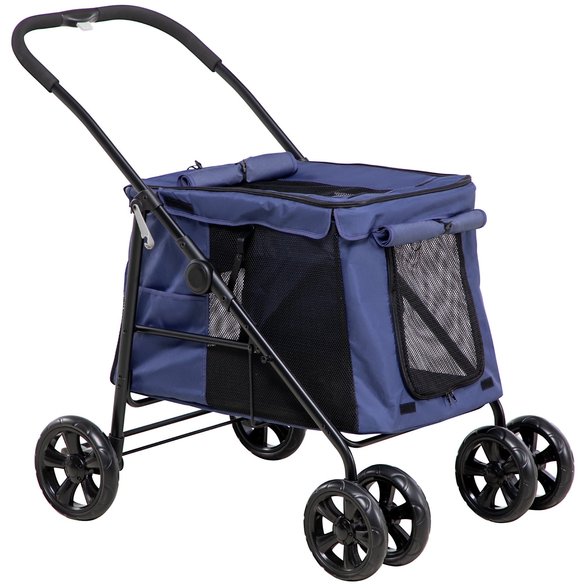 PawHut Dog Pram Dog Stroller 4 Wheels Pet Pushchair with Rolling Door, Cushion, Safety Leashes, for Small and Medium Dogs, Dark Blue - North Peak Garden Furniture