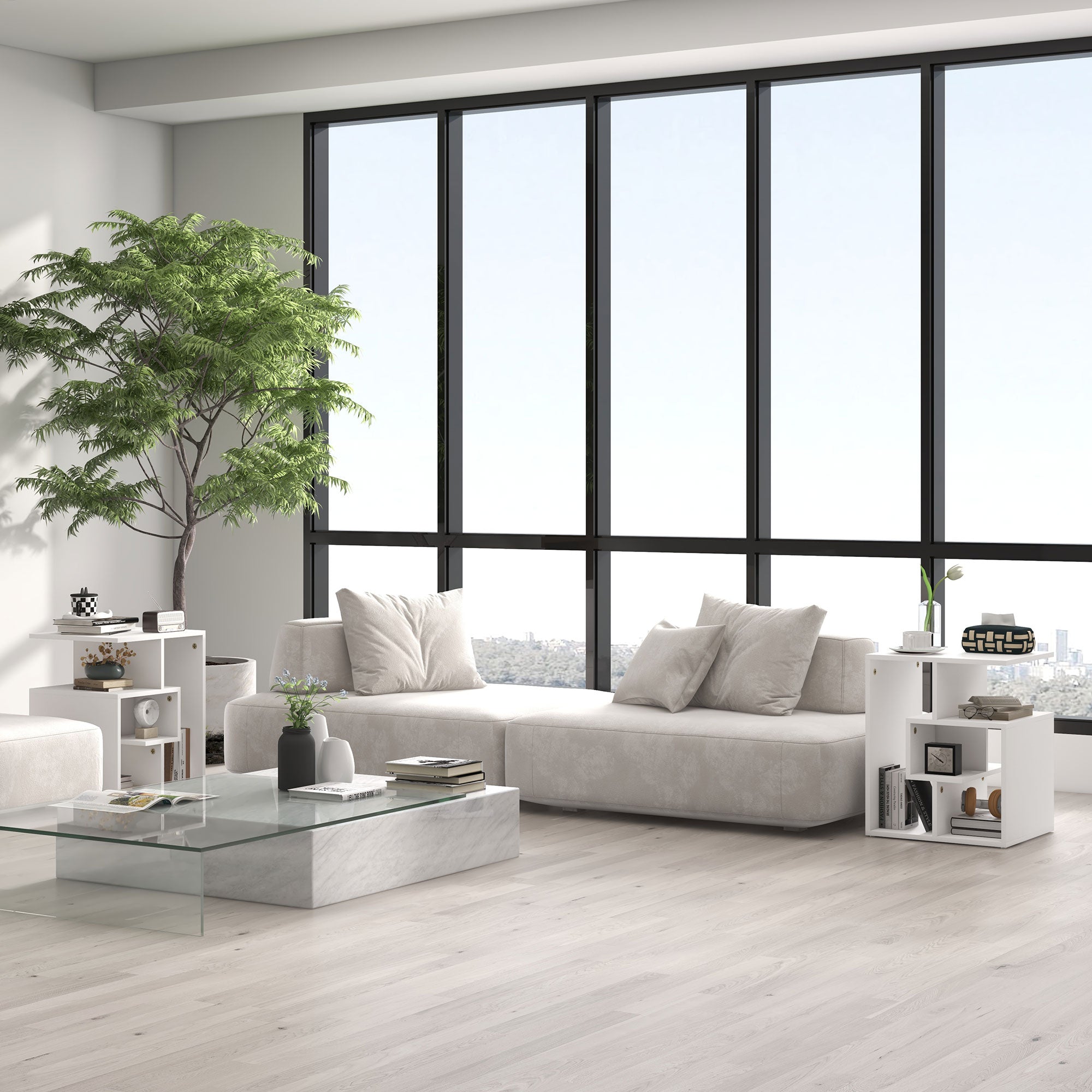 HOMCOM Side Table, 3 Tier End Table with Open Storage Shelves, Living Room Coffee Table Organiser Unit, Set of 2, White - North Peak Garden Furniture