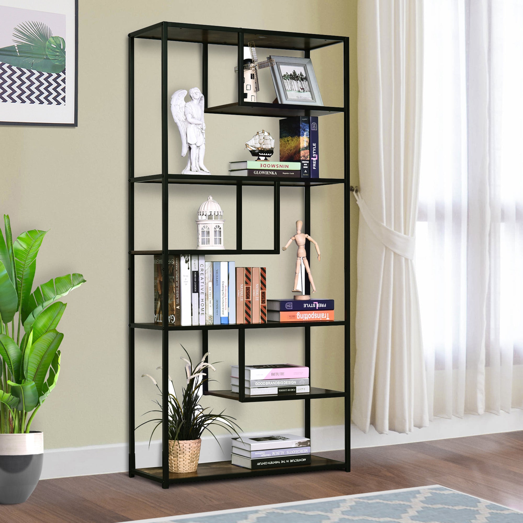 HOMCOM 6 Tier Bookcase, Industrial Tall Shelf Unit with Steel Frame for Home Office, Study, Living Room, Hallway, 82 x 33.5 x 175 cm, Rustic Brown and Black - North Peak Garden Furniture