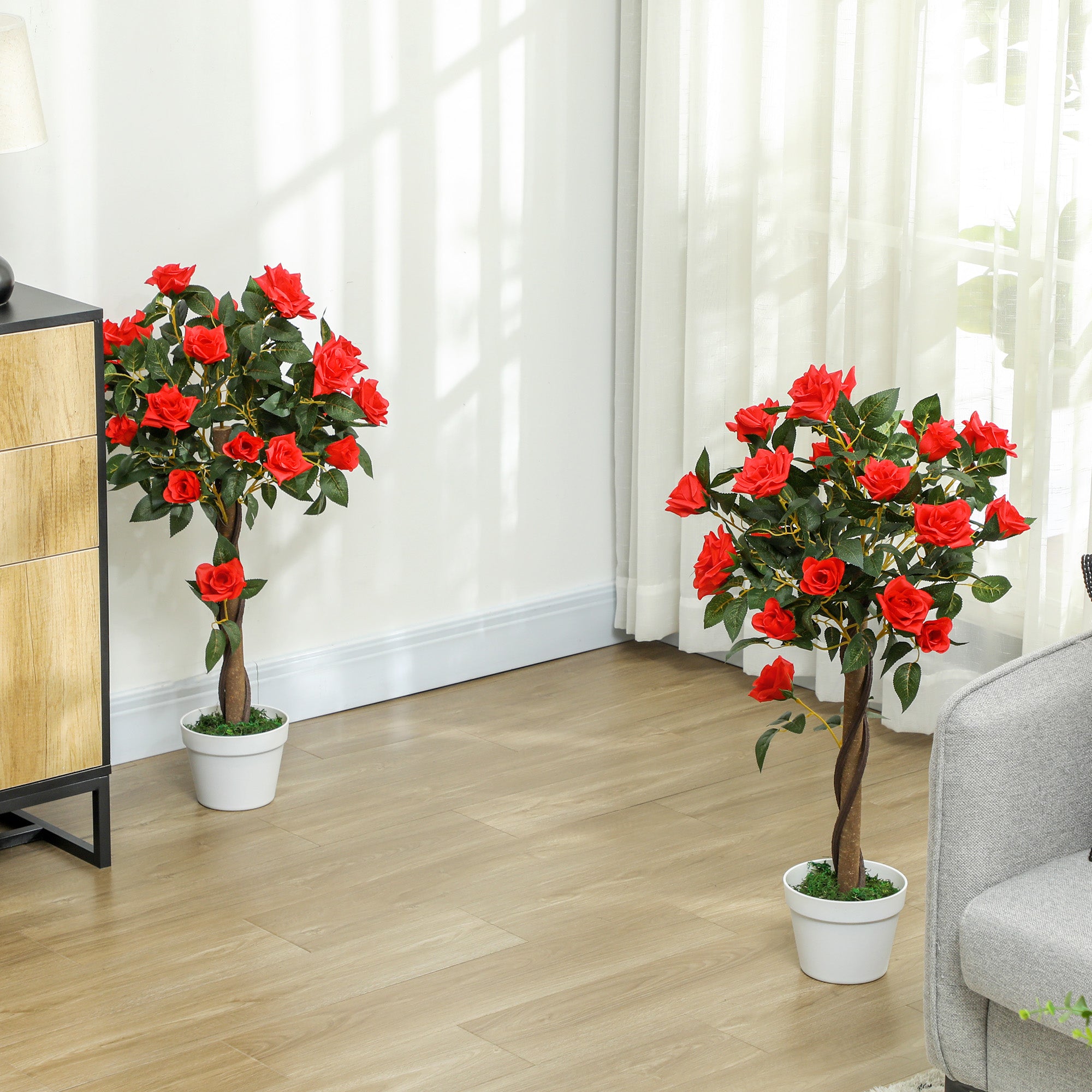 Outsunny Set of 2 Artificial Plants White Rose Floral in Pot, Fake Plants for Home Indoor Outdoor Decor, 90cm, Red - North Peak Garden Furniture