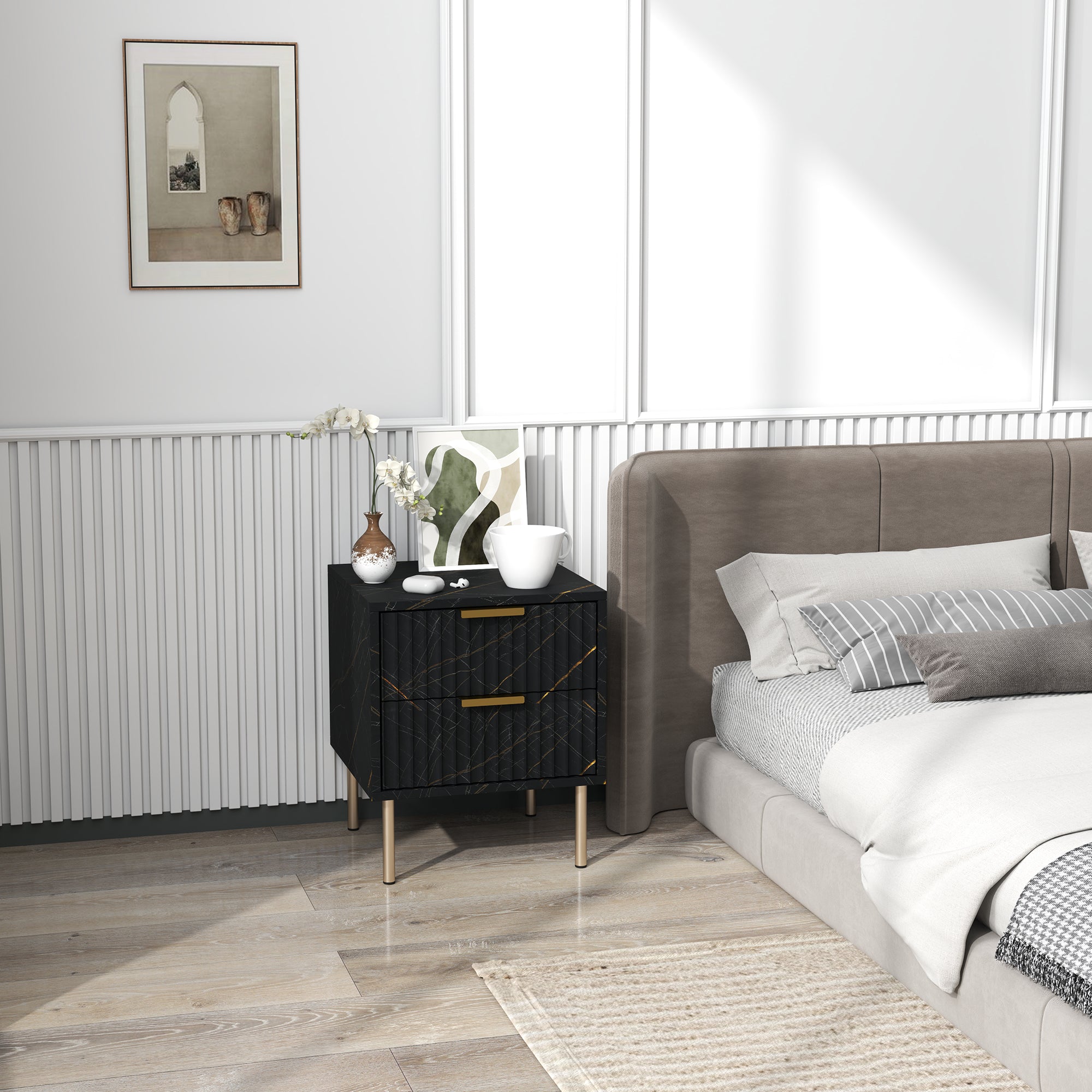 HOMCOM Elegant Two-Drawer Bedside Table - Black - North Peak Garden Furniture