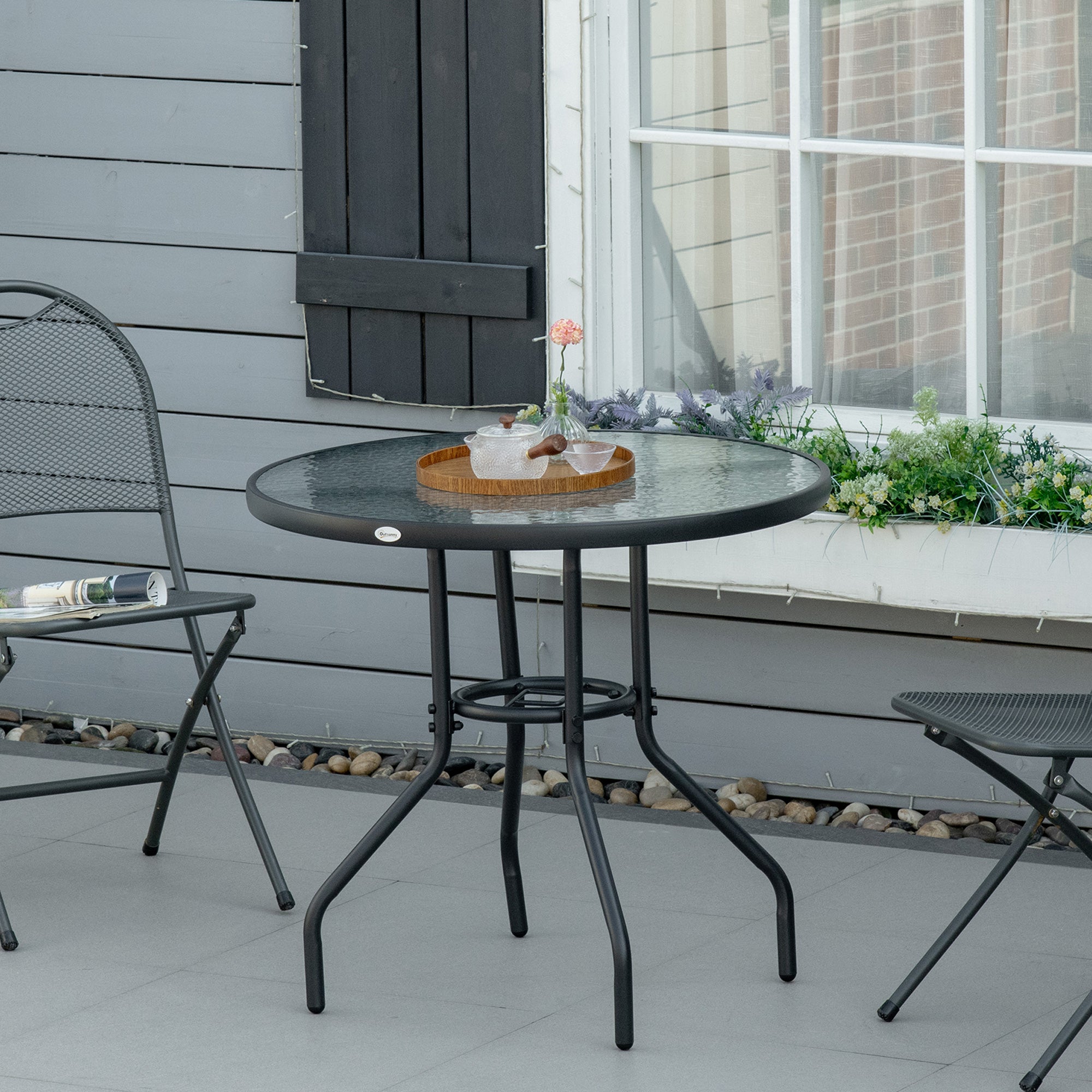 Outsunny Outdoor φ80cm Round Dining Table Tempered Glass Top Steel Frame Bistro Coffee End Side Table Garden w/ Parasol Hole - North Peak Garden Furniture