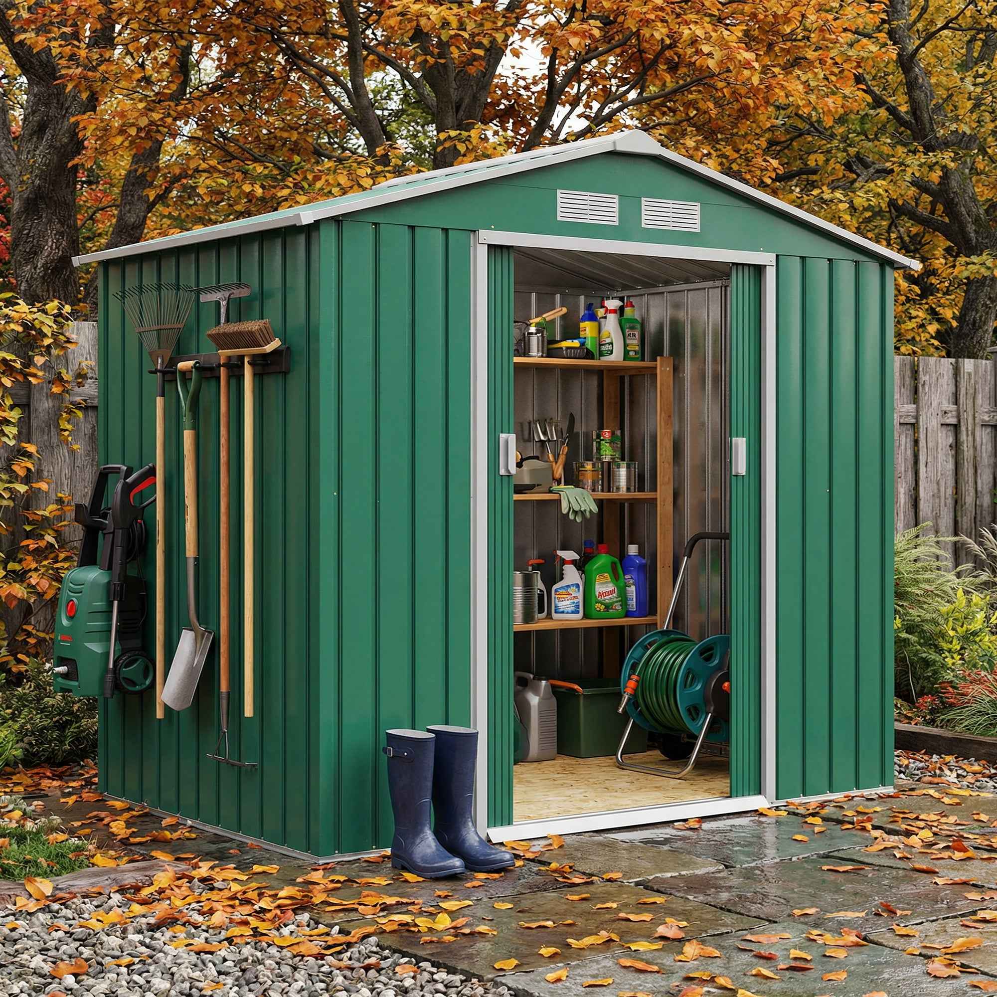Outsunny 7 x 4ft Metal Garden Shed, Outdoor Storage Tool House with Ventilation Slots, Foundation Kit and Lockable Double Doors, Green