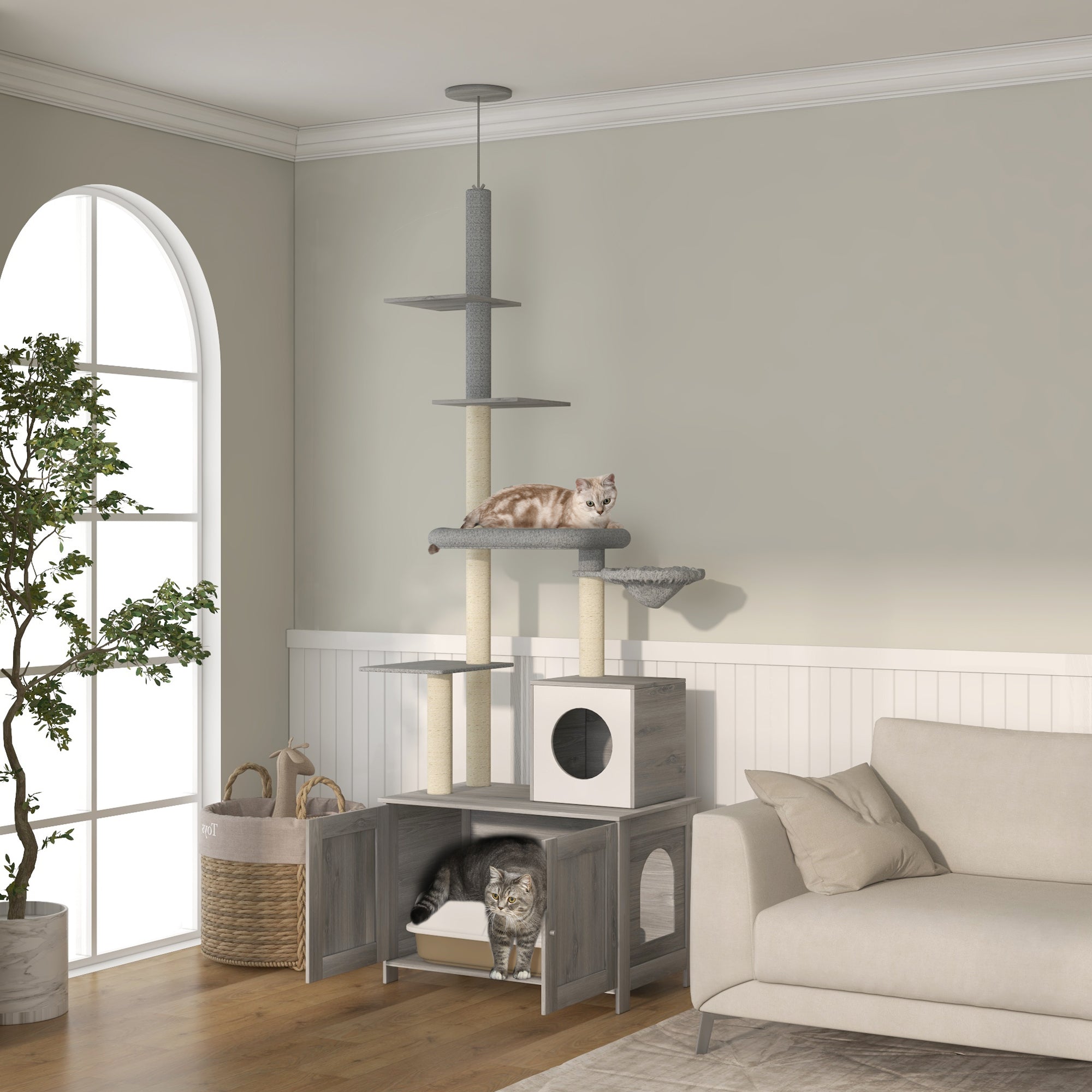 PawHut 2-in-1 Floor-To-Ceiling Cat Tree with Hidden Litter Box, for Indoor Use - Grey - North Peak Garden Furniture