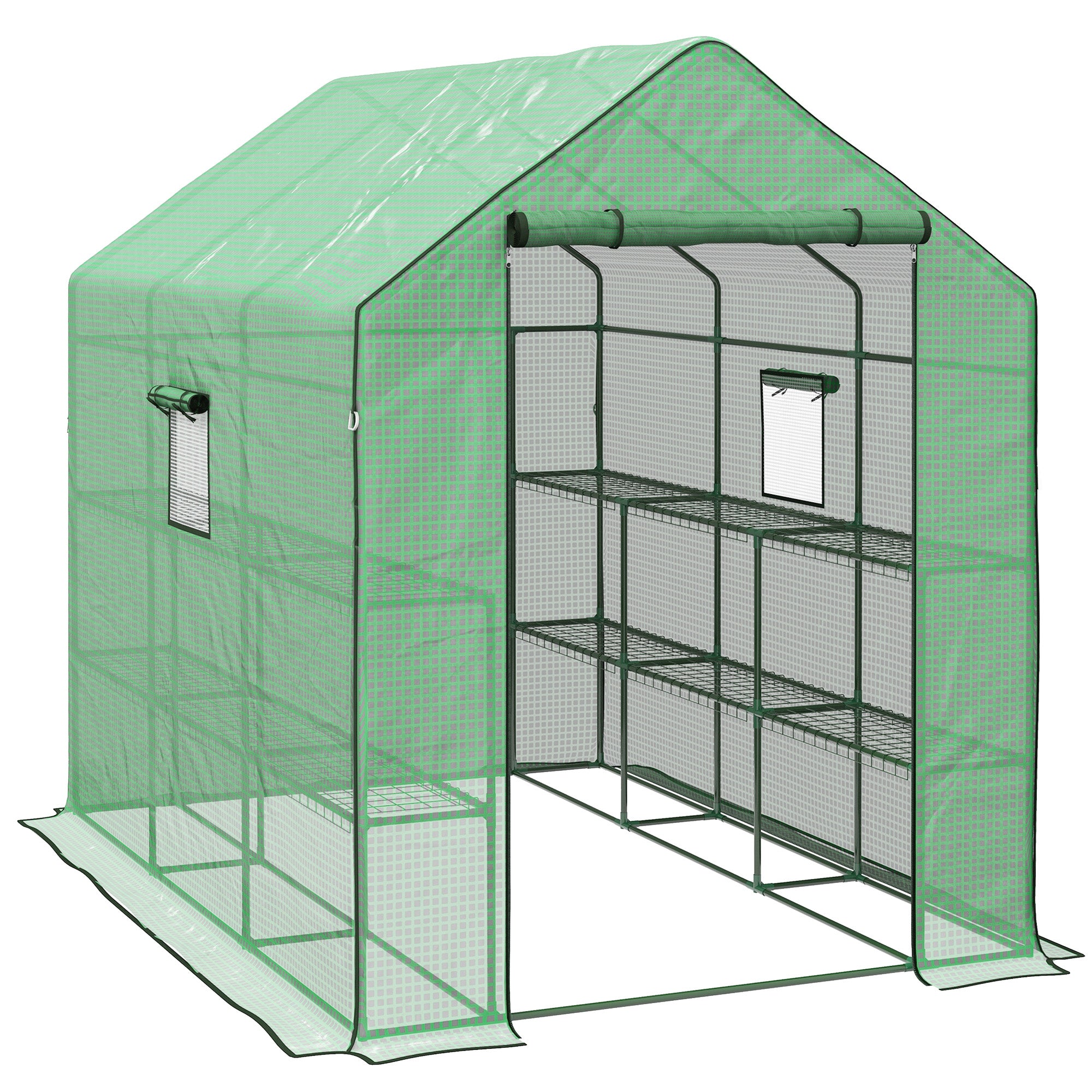 Outsunny Walk-in Greenhouse with 3 Tier Shelves, Outdoor Green House Garden Grow House with Reinforced PE Cover, Roll-up Door and Mesh Windows, 140 x 213 x 190cm, Green - North Peak Garden Furniture
