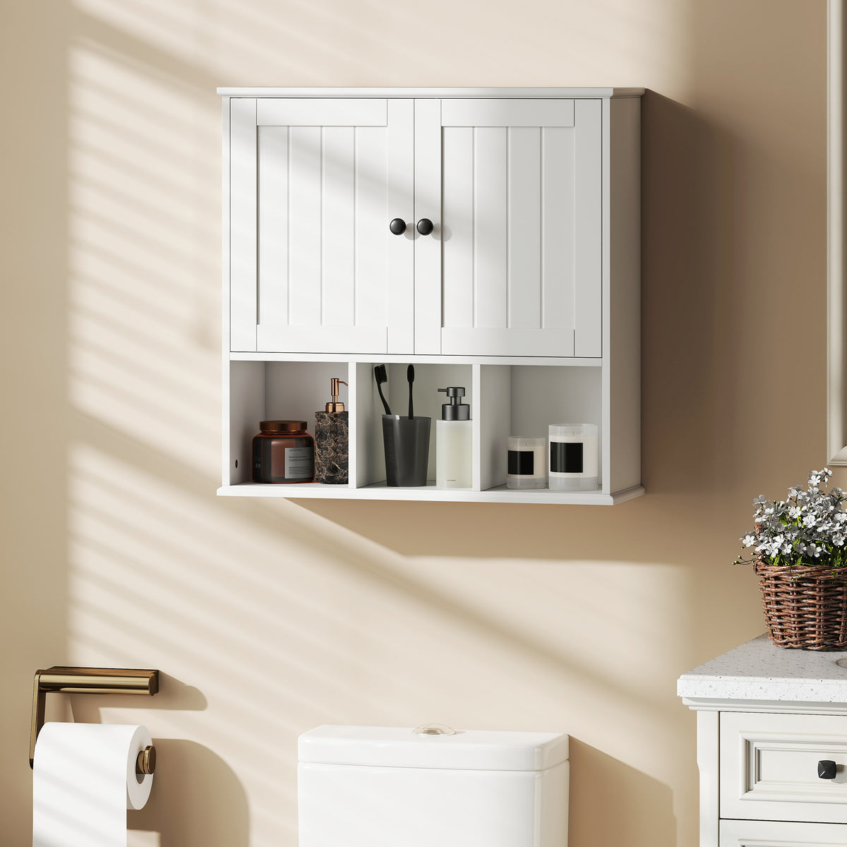 HOMCOM Farmhouse Bathroom Wall Cabinet, Wall Mounted Medicine Cabinet with Adjustable Shelf, Open Compartments, White