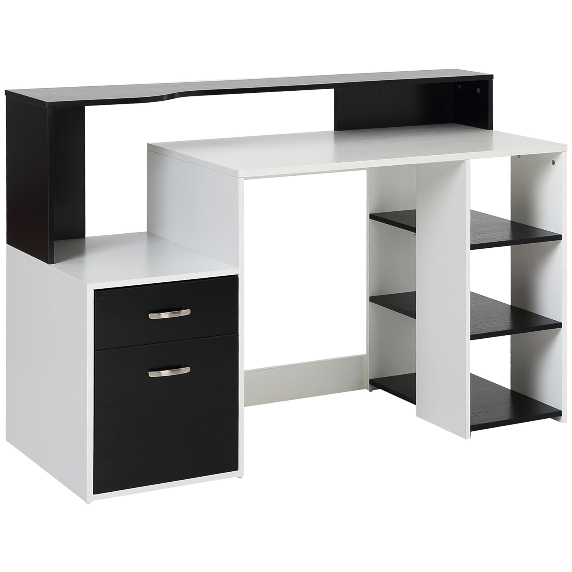 HOMCOM Computer Desk with Drawers and Storage Shelves, Reception Desk, Study Workstation for Home Office, 137 x 55 x 92cm, Black and White - North Peak Garden Furniture