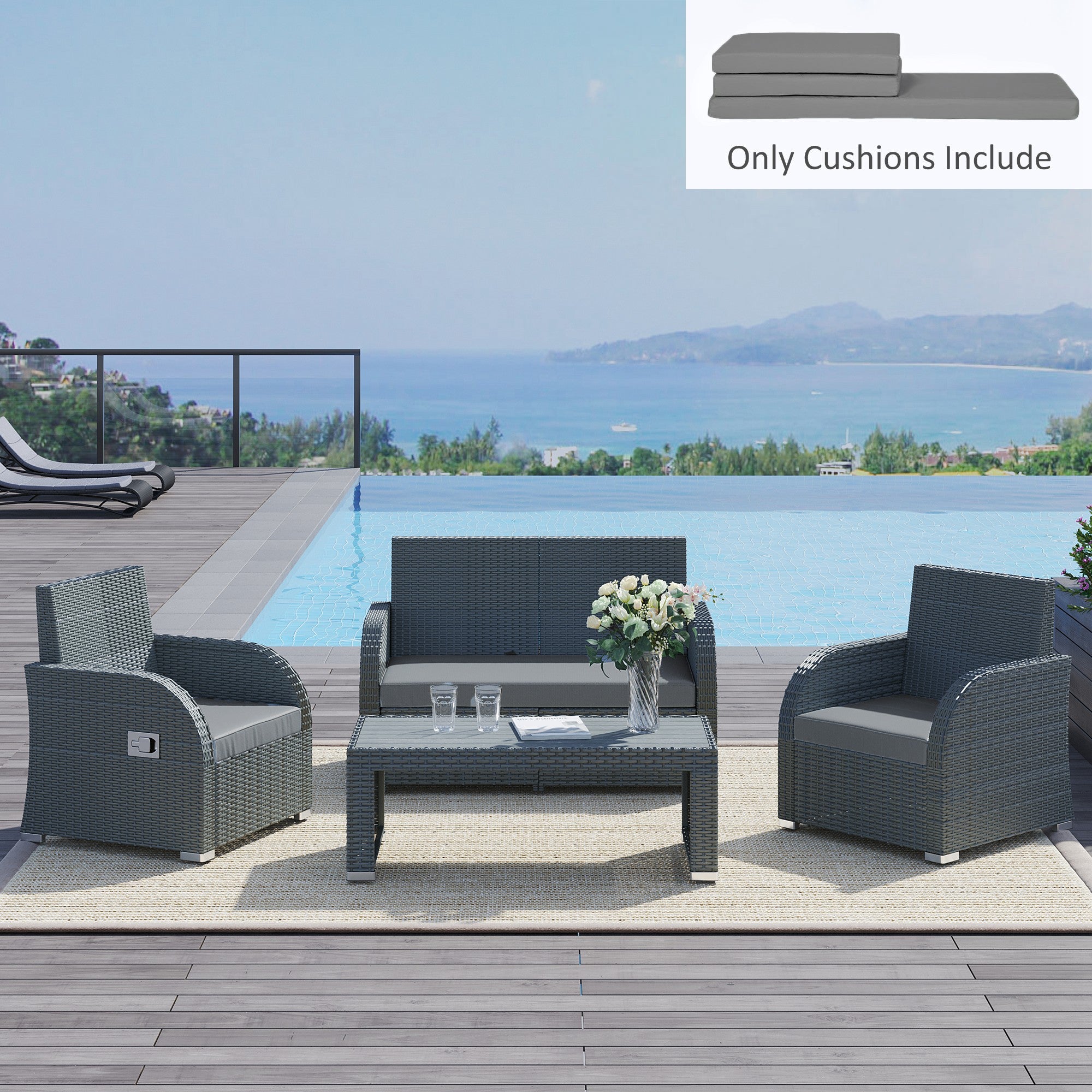 Outsunny Outdoor Seat Cushion Pads for Rattan Furniture, 3 PCs Garden Furniture Cushions, Dark Grey - North Peak Garden Furniture