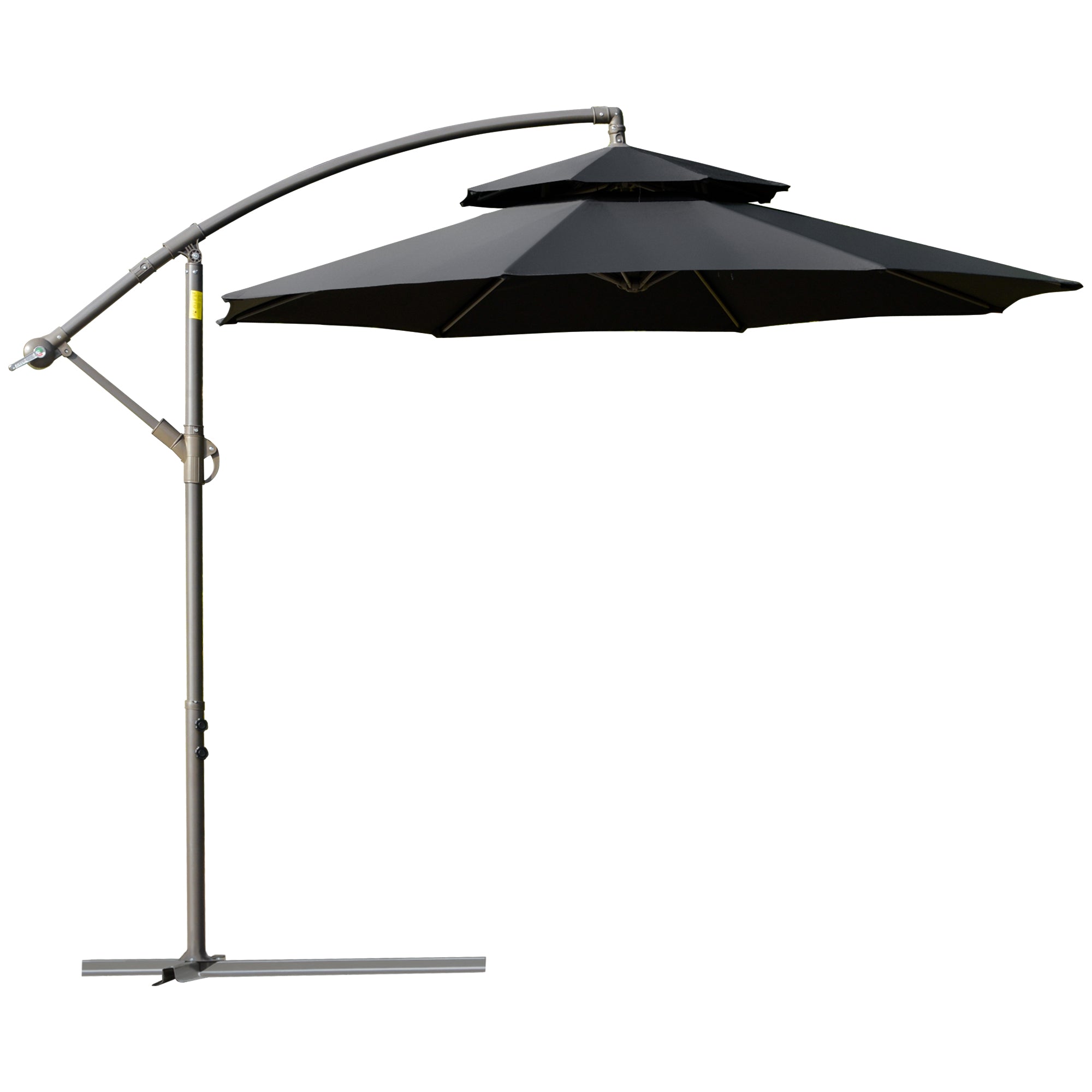 Outsunny 2.7m Banana Parasol Cantilever Umbrella with Crank Handle, Double Tier Canopy and Cross Base for Outdoor, Hanging Sun Shade, Black - North Peak Garden Furniture