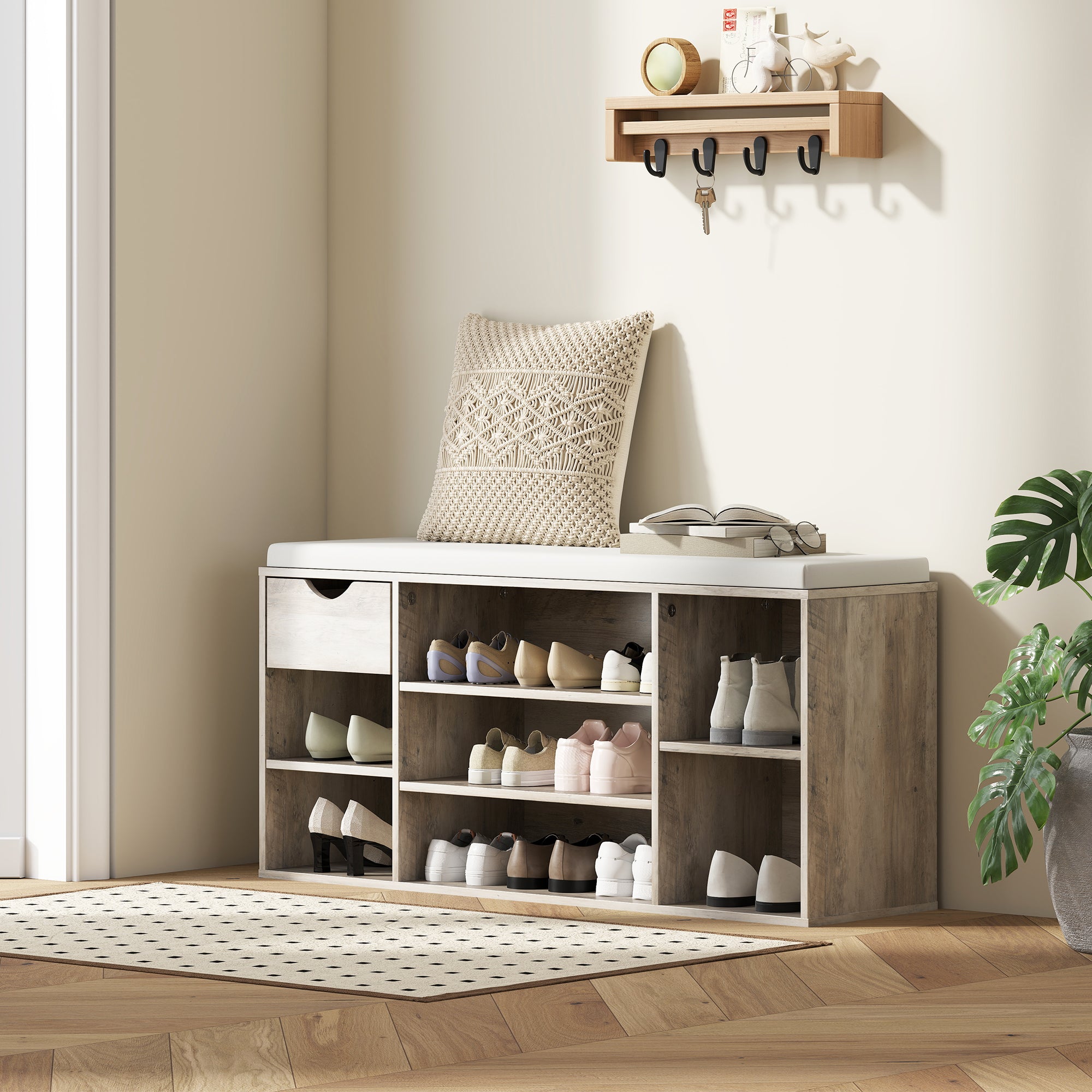 HOMCOM Shoe Storage Bench with Cushion - Grey - North Peak Garden Furniture