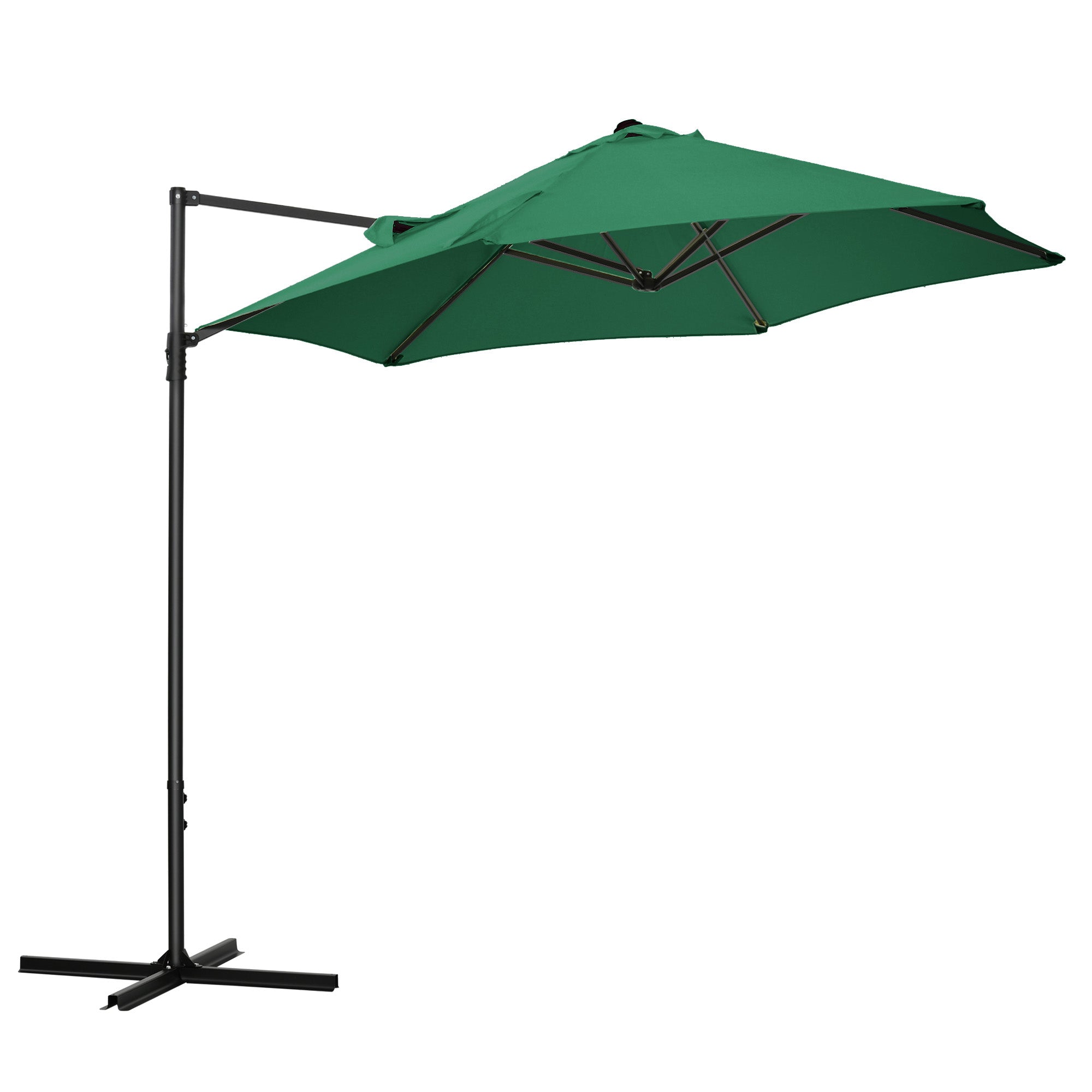 Outsunny 2.5M Garden Cantilever Parasol with 360° Rotation, Offset Roma Patio Umbrella Hanging Sun Shade Canopy Shelter with Cross Base, Green - North Peak Garden Furniture