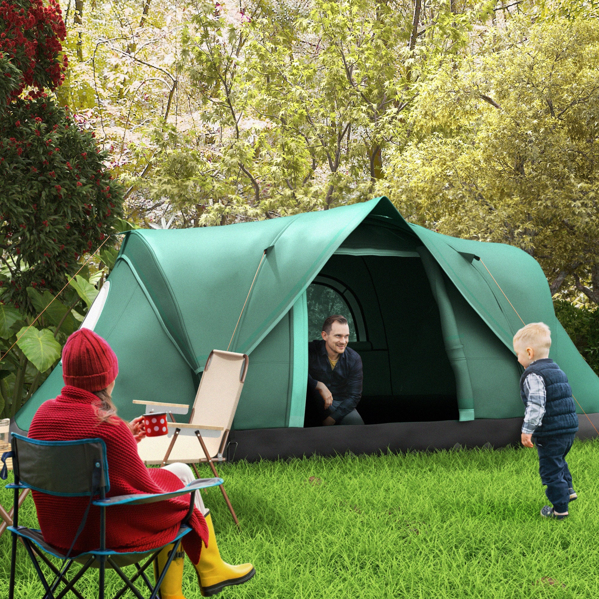 Outsunny 5-6 Man Dome Camping Tent Hiking Shelter UV Protection 3000mm Water Resistant Tunnel Tent - Dark Green - North Peak Garden Furniture
