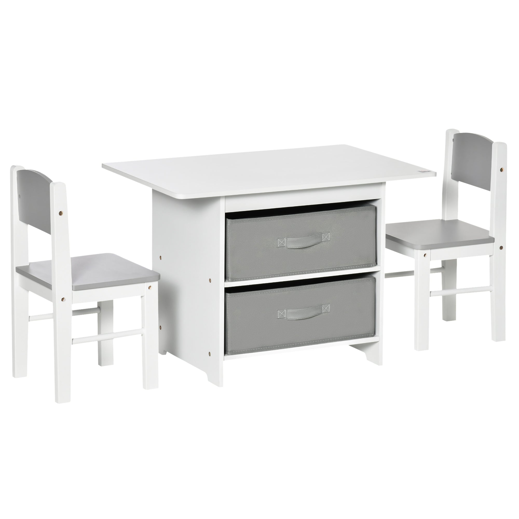 HOMCOM 3 Pcs Kids Table & Chairs Set Mini Seating Furniture Home Playroom Bedroom Dining Room w/ Storage Drawers Safe Corners for 2-4 Years old White - North Peak Garden Furniture