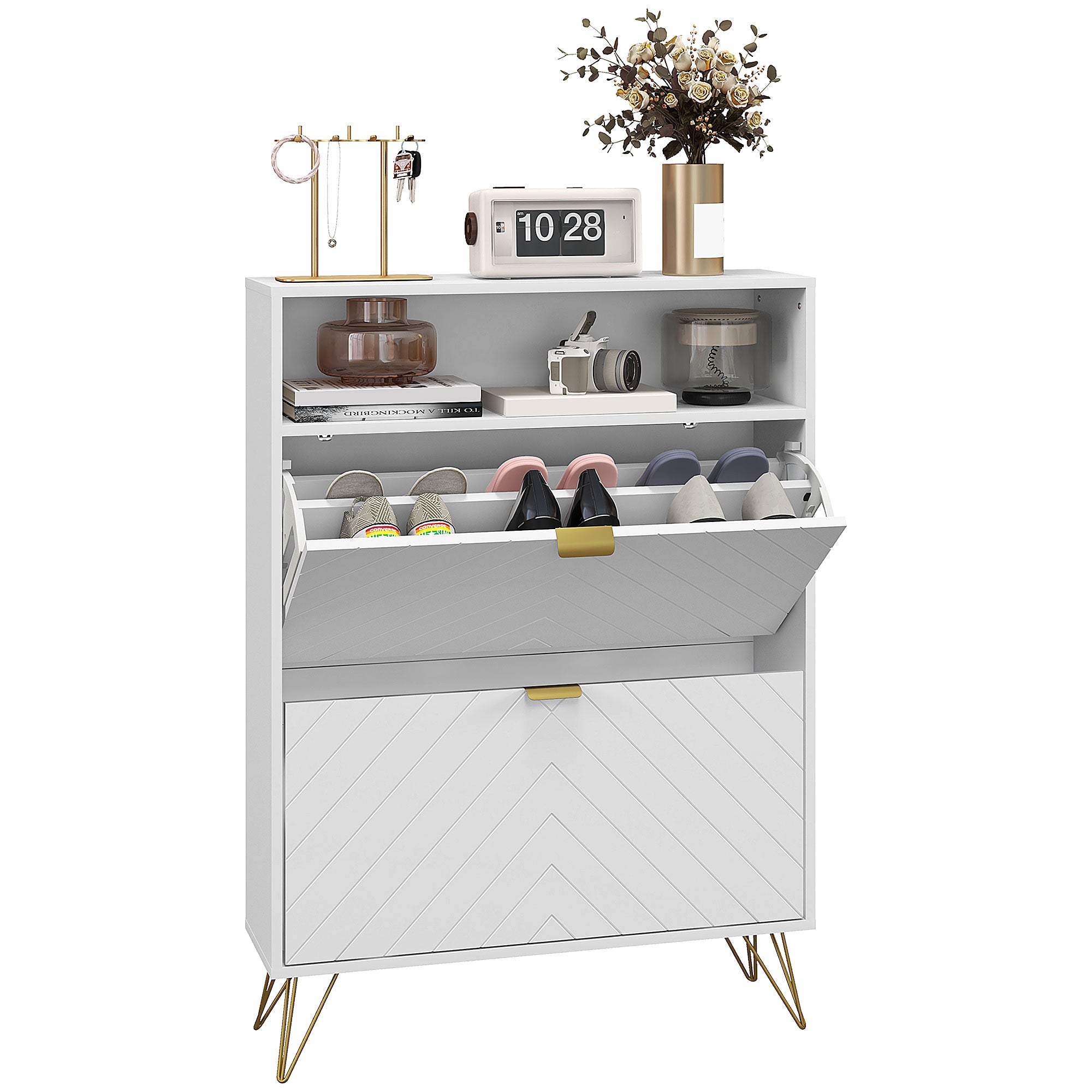 HOMCOM 12 Shoe Storage Cabinet, with Chevron Indents and Gold Tone Accents - White - North Peak Garden Furniture