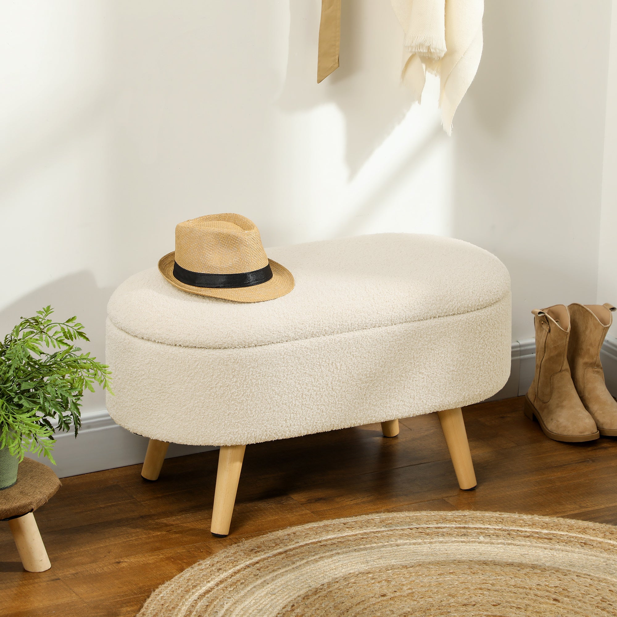 HOMCOM Teddy Fleece Storage Ottoman - Cream White - North Peak Garden Furniture