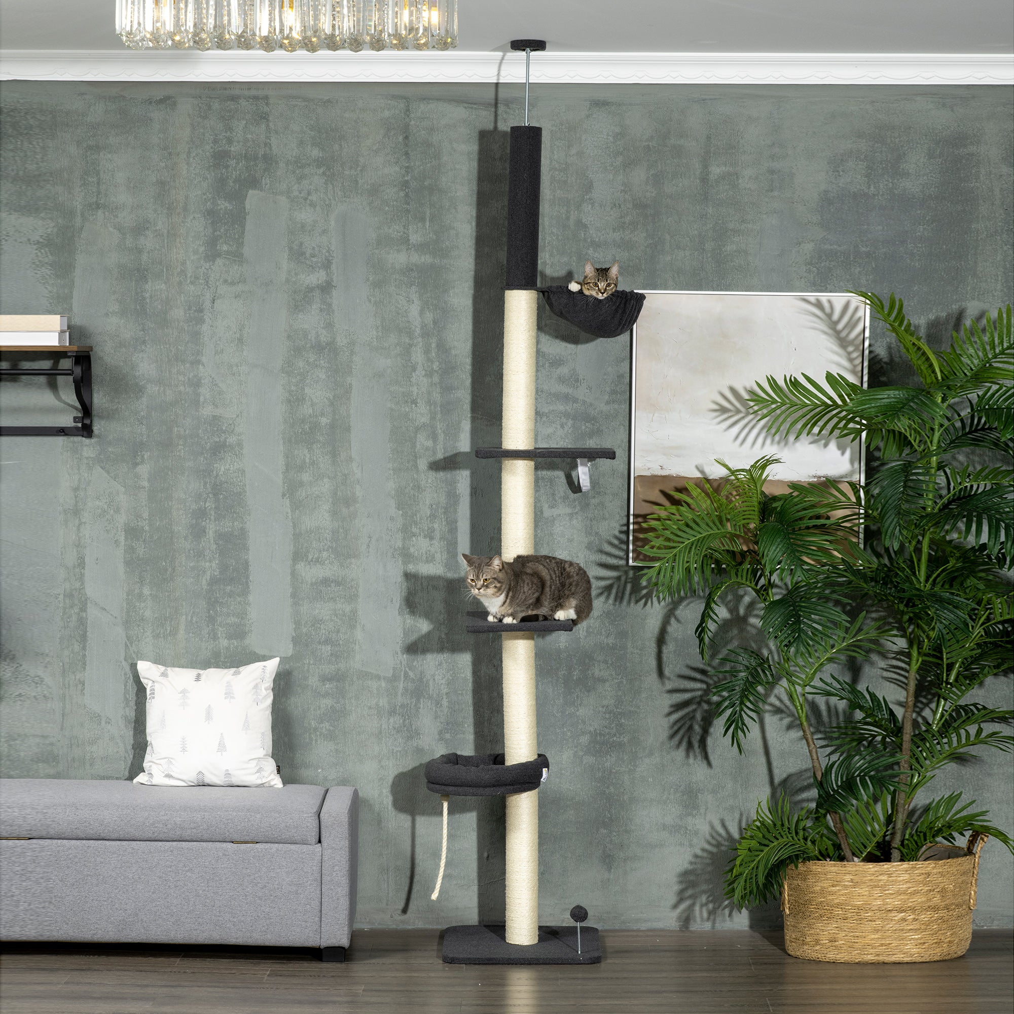 PawHut 240-270cm Floor-To-Ceiling Cat Tree, 5 Tier Cat Climbing Tower, with Bed, Hammock, Platforms, Black and Cream - North Peak Garden Furniture