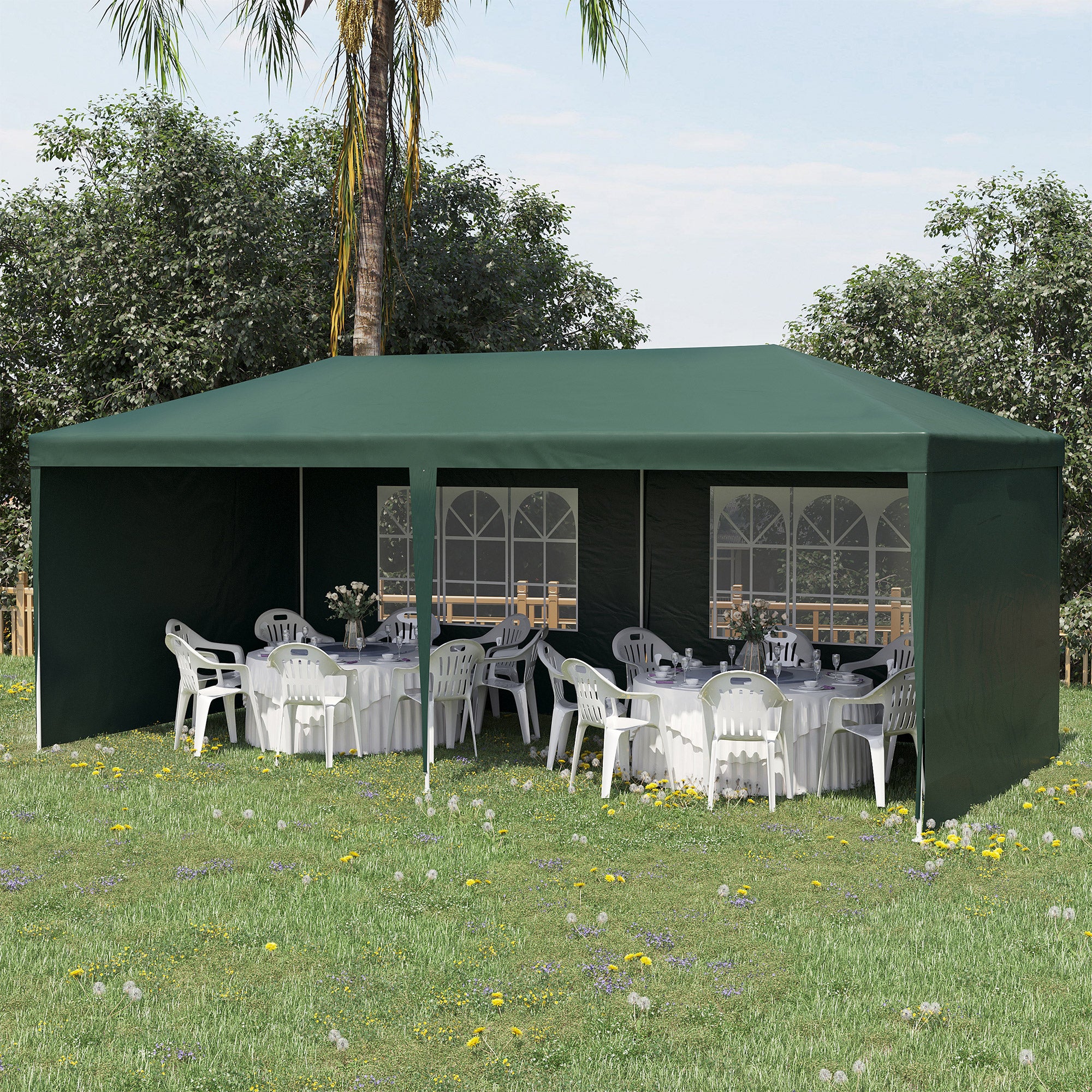 Outsunny 6x3 m Party Tent Gazebo Marquee Outdoor Patio Canopy Shelter with Windows and Side Panels, Green - North Peak Garden Furniture
