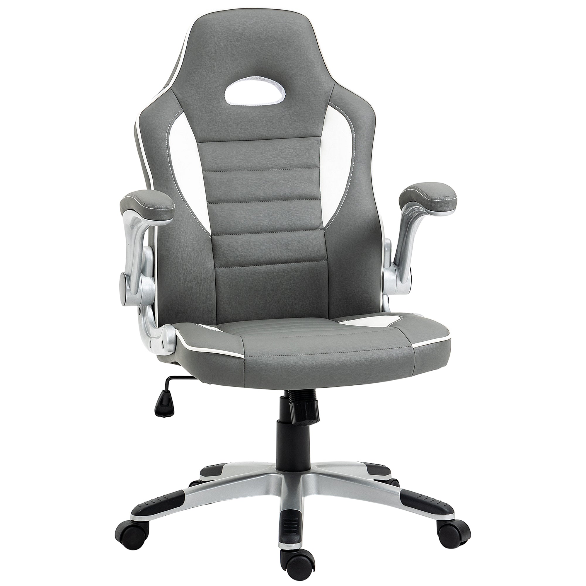 Vinsetto Computer Gaming Chair, Office Desk Swivel Chair, PU Leather Racing Chair with 90° Flip-up Armrest, Adjustable Height and Rolling Wheels, Grey - North Peak Garden Furniture